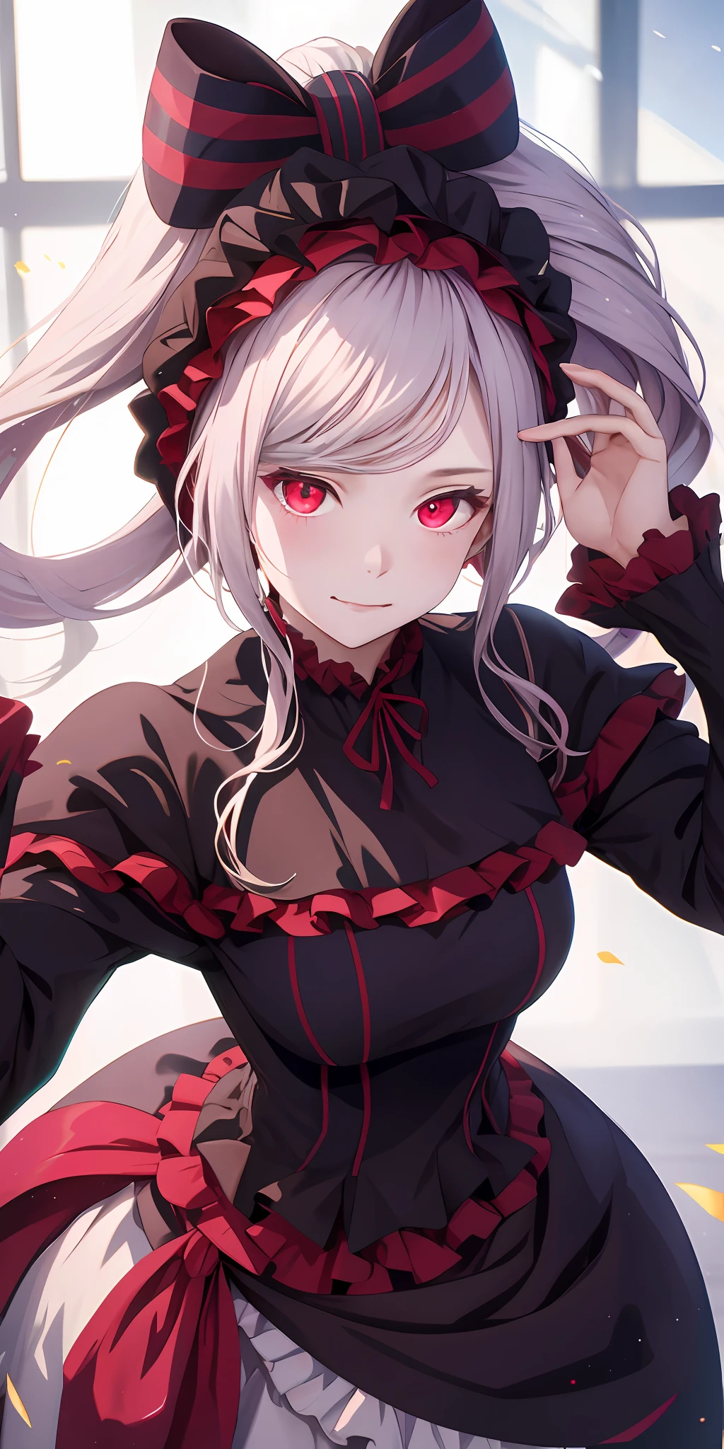 , best quality, ShalltearV4, 1girl, solo, dress, frills, bow, hair bow, fang, slight smile, pale skin, glowing, glowing eyes, portrait
