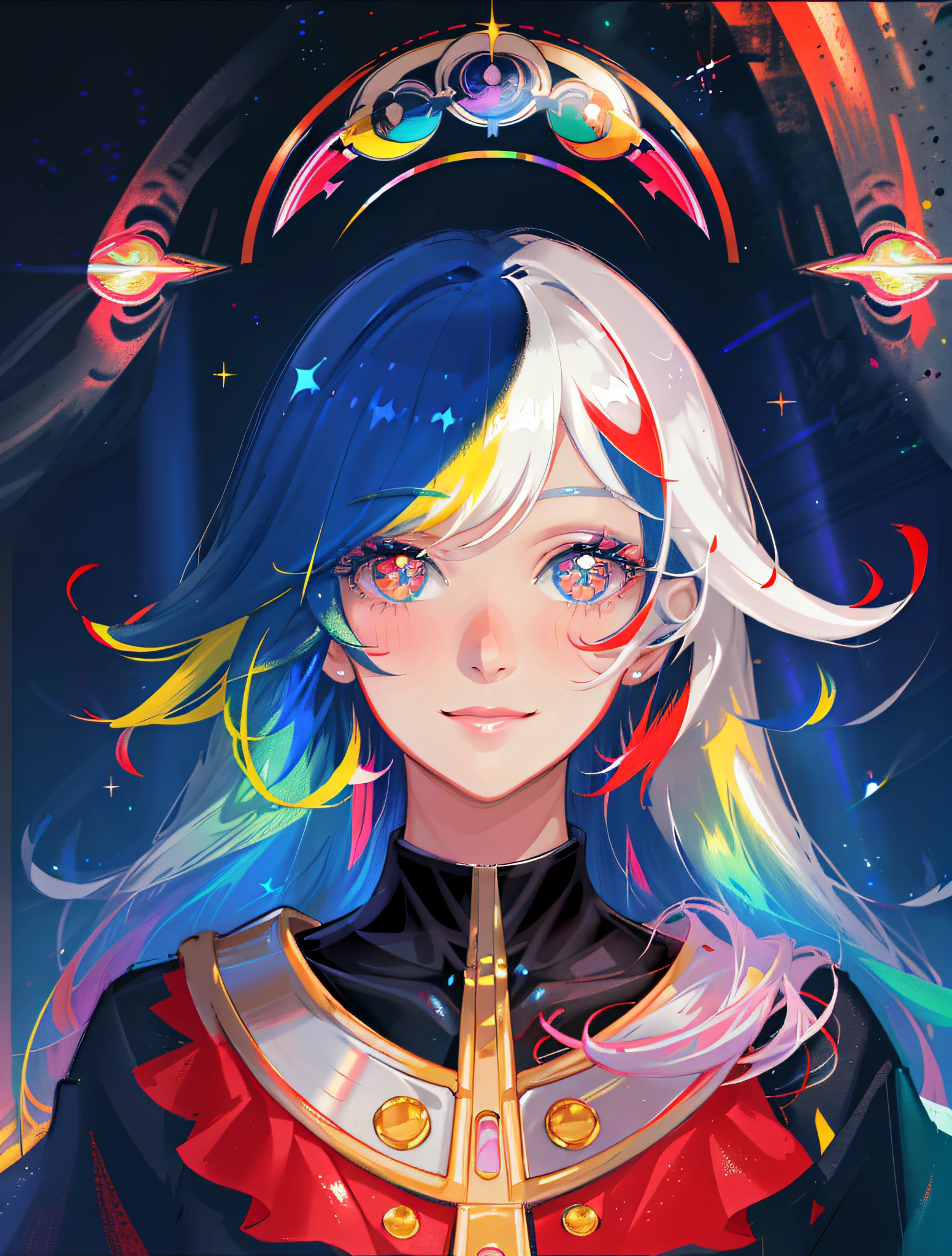 masterpiece, best quality, masterpiece, godlike quality, godlike art, highly detailed face, highly realistic, closeup, face only, cute, young girl, big eyes, long eyelashes, multicolored hair, multicolored eyes, shiny skin, full lips, big lips, shiny skin, blushing, magnificent view, in space, starry background, stars, shining light, multicolored light, spacial explosion, sunrays, multicolored rays, smiling, waving