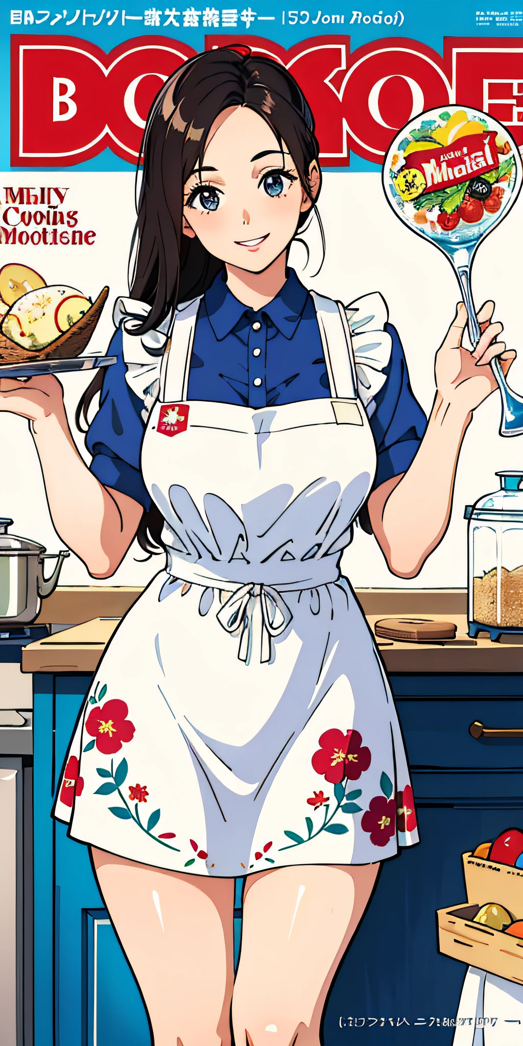 (Best Quality, Masterpiece), Women's Cooking Magazine Cover, 1girl, 20 years old, stunning, cute, warm smile, hourglass figure, floral dress, apron, food, text, chart, advertising, magazine title