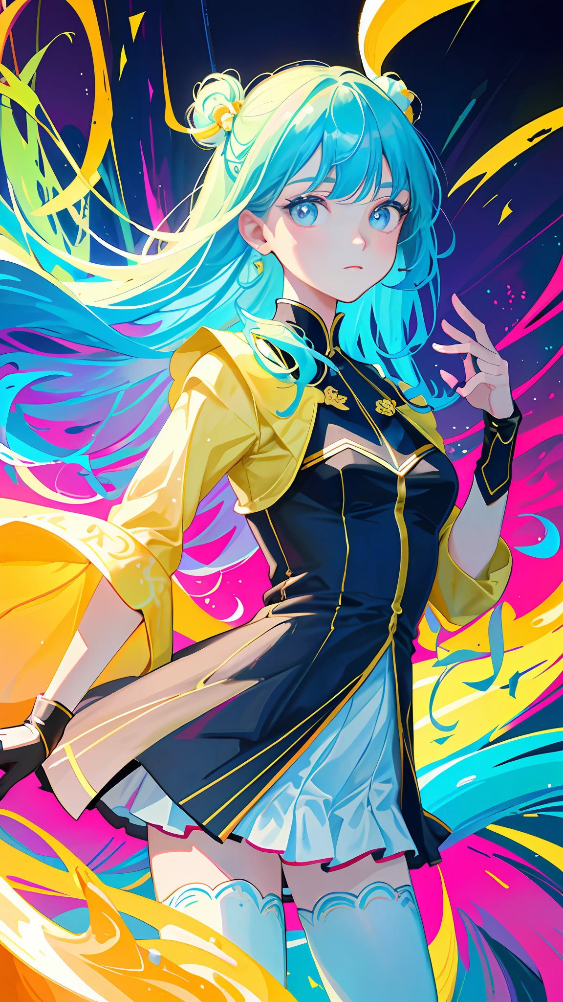 In a (masterpiece) of the (highest quality), an (ultra-detailed) illustration comes to life. The artwork features (1girl), standing (in a fashionable outfit) with a confident stance, while (looking at the viewer), as if in an (interview). Against a (simple background), her (beautifully detailed eyes) steal the spotlight, exuding charm and depth. With (flawless beauty) and a vibrant color palette, the artwork is (highly saturated), creating a captivating visual experience. Colorful splashes and a floating bubble add a touch of whimsy, while a (bright) glow accentuates the focus on her face. The attention to detail in this illustration is truly (remarkable).