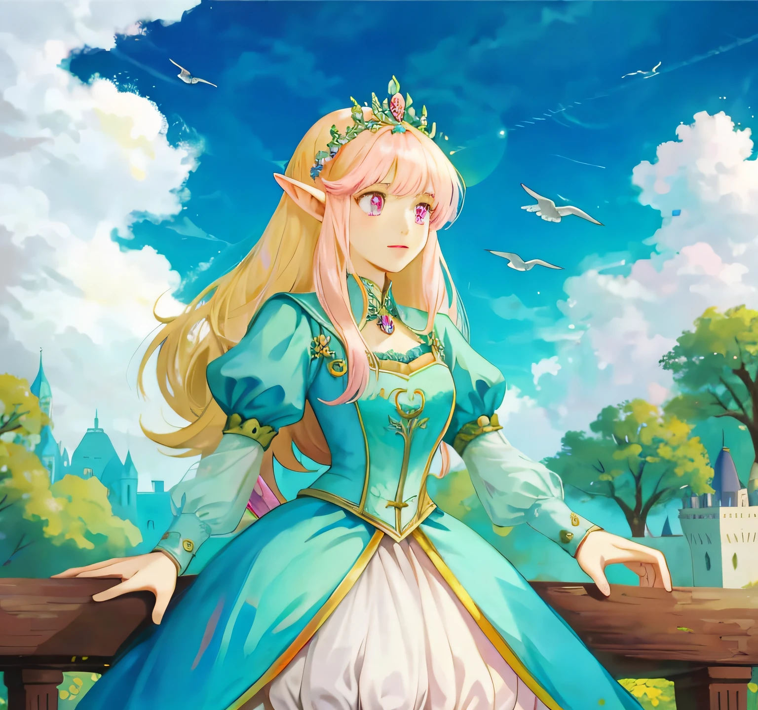 Nobleman, princess, elf, (pink eyes), (looking up at the sky), intricate details, 4k, dark blue skirt, a little smaller ears