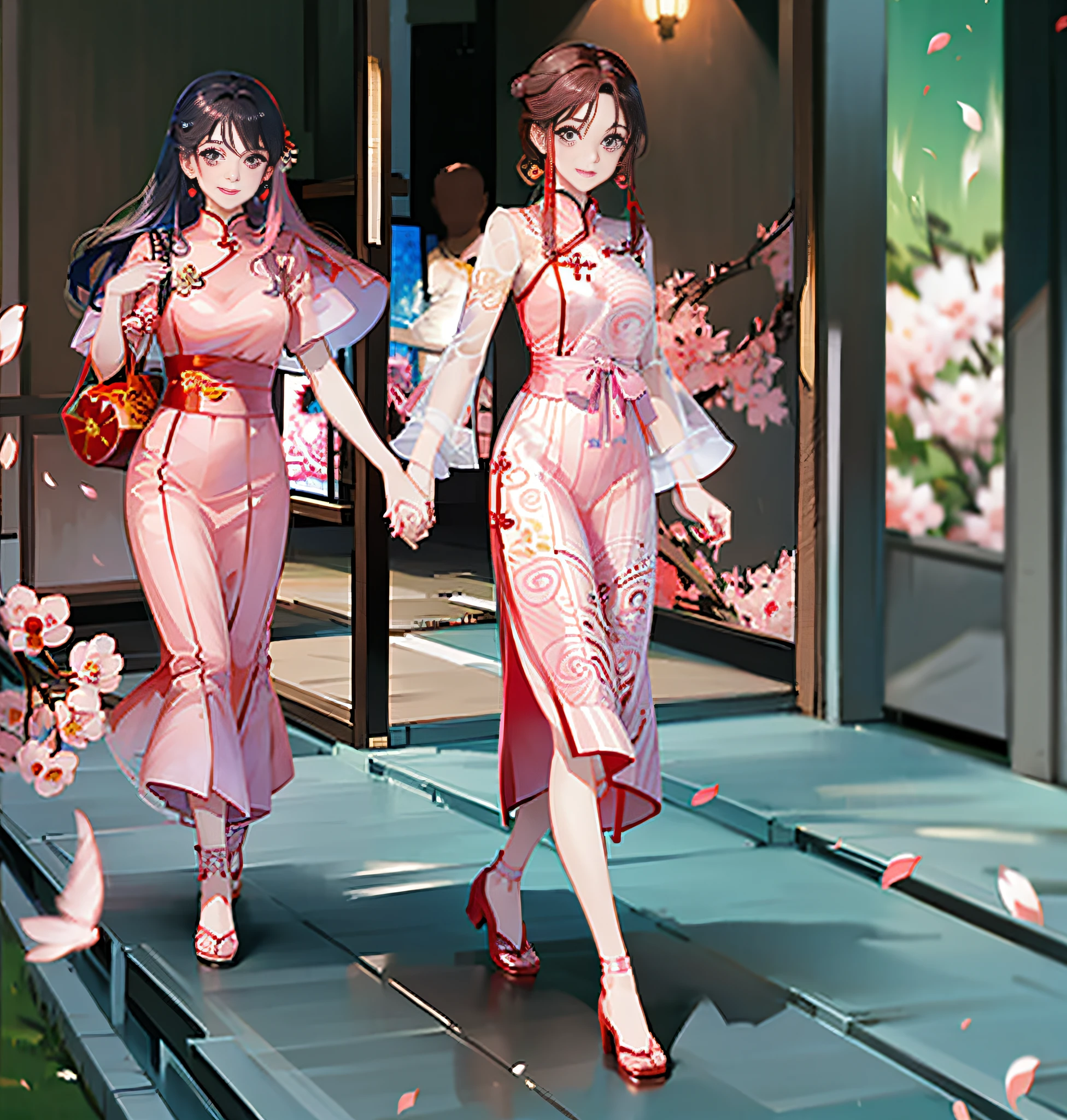 The picture quality is the best, Alates and his lover walk hand in hand under the pink cherry blossom tree, they are wearing red cheongsam and pink long dress, which is pleasant. The scene needs to express traditional Chinese art style, and the scenery needs to be fine.