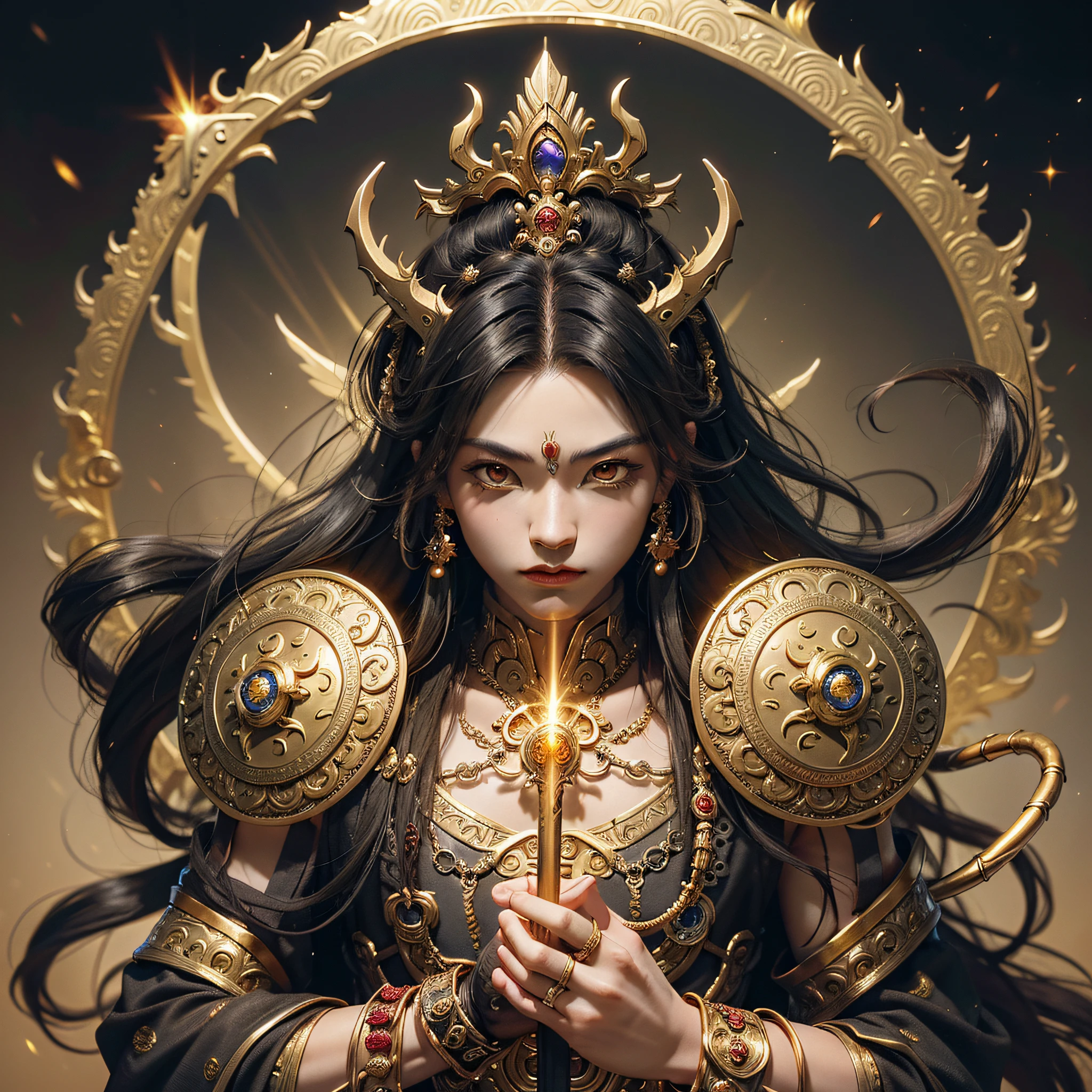 HD, Masterpiece, Black Myth Goku, Monkey King, Dark Style, Men: 1.2, Male, (Long hair all over, gold rings on his head, armor, golden sticks with delicate patterns, human face), Heavenly Palace, Heavenly Court, Holy Light, Aura, Spells, Magic,