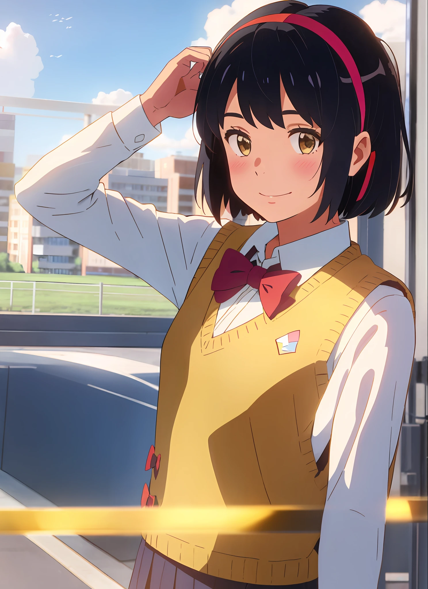 shinkai makoto, kimi no na wa., 1girl, bangs, black hair, blue sky, blush, bow, bowtie, brown eyes, cloud, collared shirt, hair ribbon, hairband, looking at viewer, negative space, outdoors, red bow, red bowtie, red hairband, red ribbon, ribbon,  school uniform, shirt, short hair, sky, smile, solo, sweater vest, upper body, vest, white shirt, yellow sweater vest, yellow vest