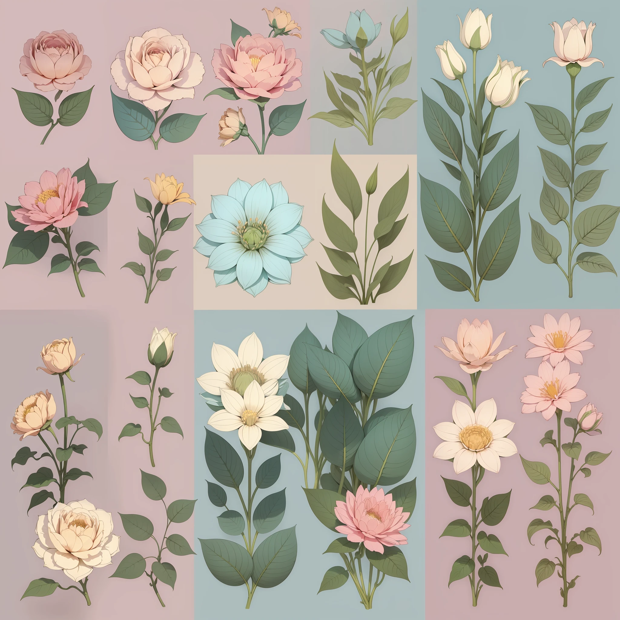 Set pattern of large flowers with plants and vines, defined shape, flat style, vector style, drawing style, naïve style, wallpaper style, in soft pastel colors such as old pink, pastel blue, light blue, beige, pastel violet, pastel yellow and white. No shadows in the images.