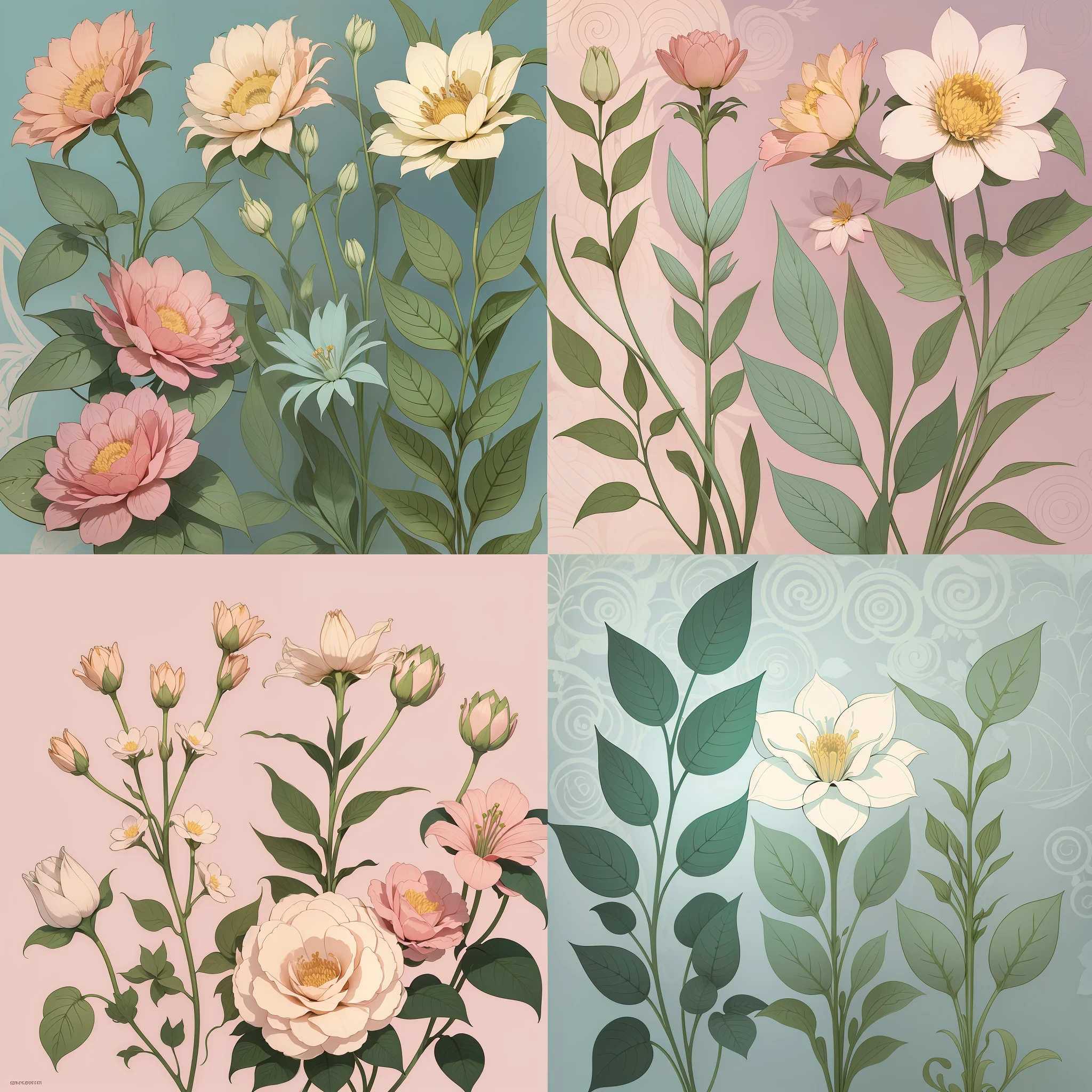 Set pattern of large flowers with plants and vines, defined shape, flat style, vector style, drawing style, naïve style, wallpaper style, in soft pastel colors such as old pink, pastel blue, light blue, beige, pastel violet, pastel yellow and white. No shadows in the images.