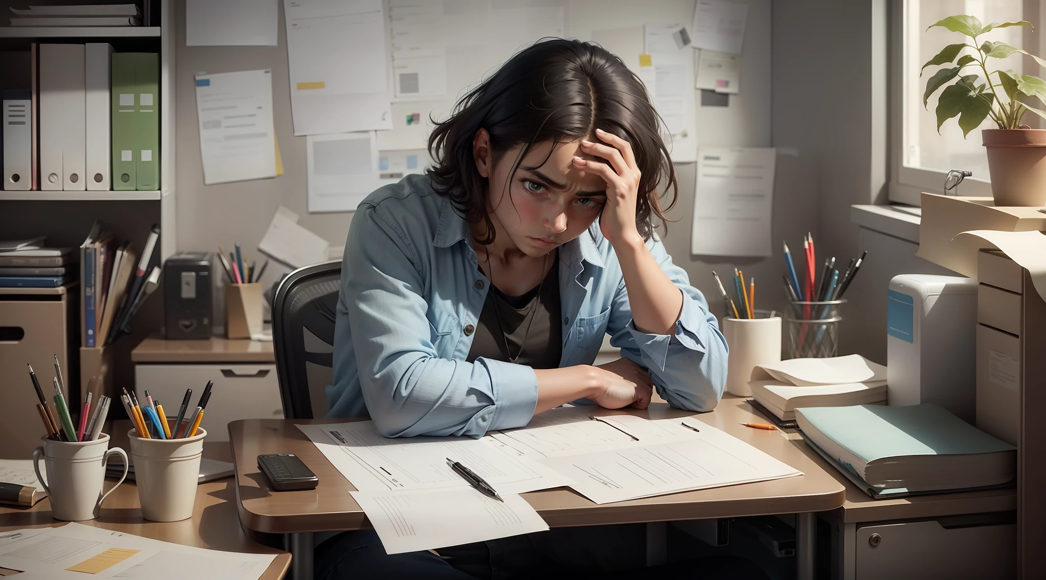 Dejected person sitting on a chair in the office with a messy work desk full of papers, pens and a computer, cartoon