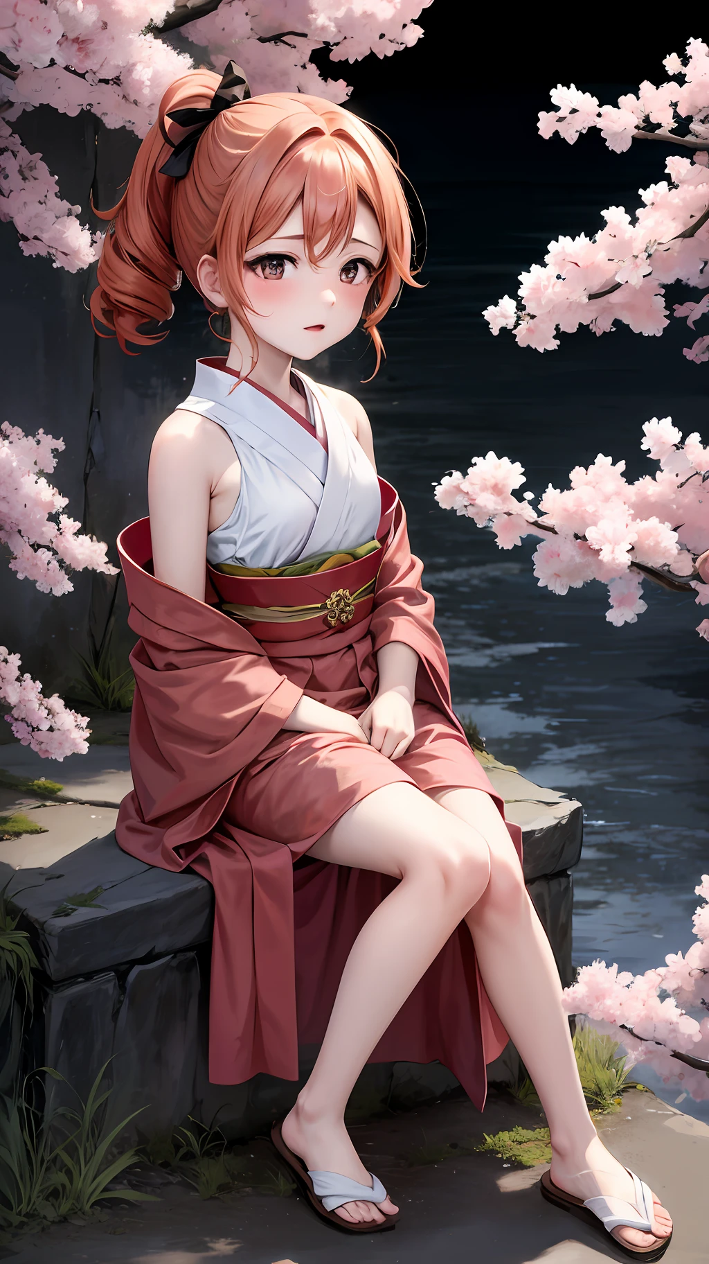 masterpiece, 1girl, solo, orange hair, sarashi, bandage, sarashi, neckline, bare shoulders, kimono, (all four: 1.2), blush, cherry blossoms, grass, expression of shame, embarrassed