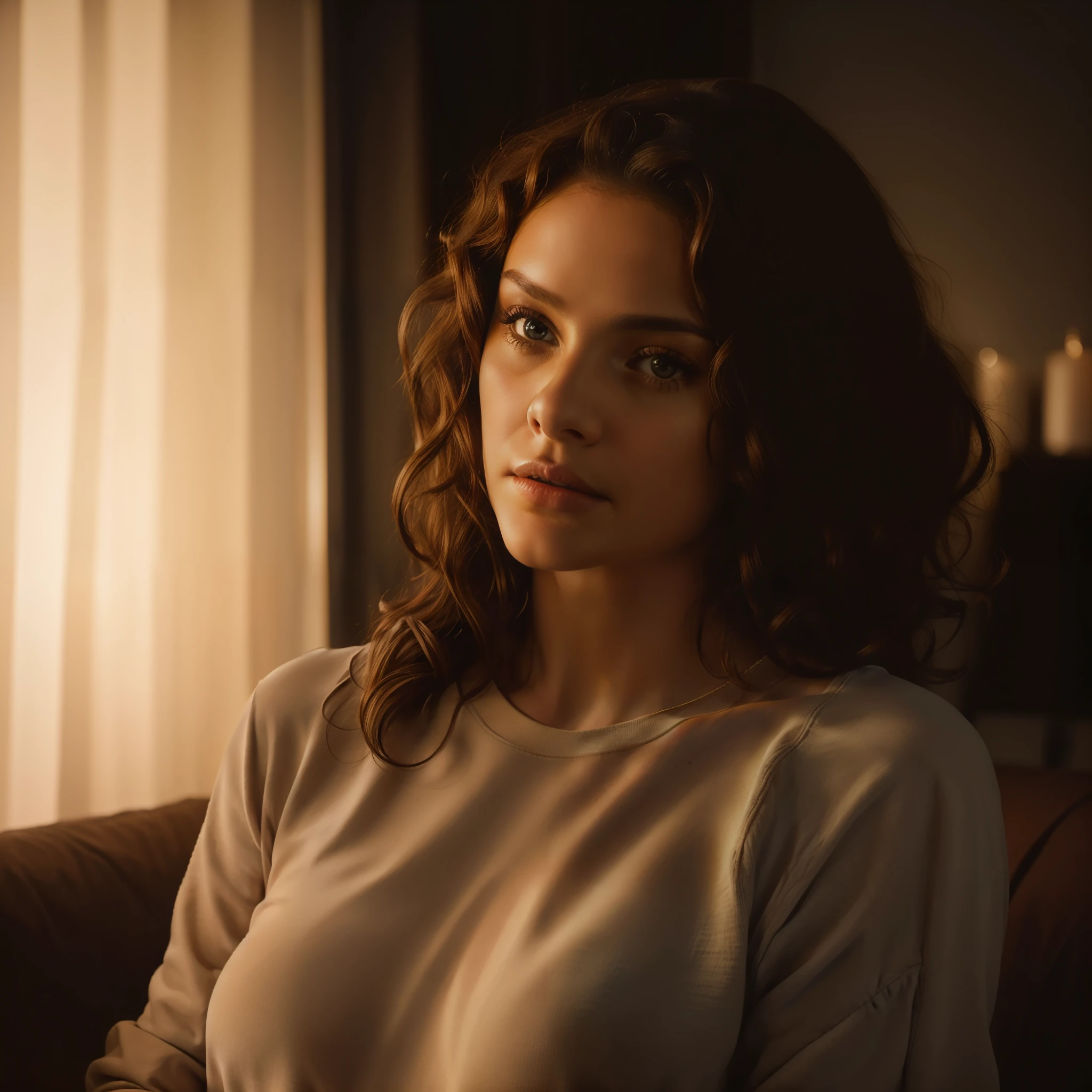1 woman ((upper body image portrait, worried expression)) looking to the side, curly hair, brown eyes, masterpiece, best quality, ultra-detailed, solo, in the living room, (night), (warm hue, warm tone: 1.2), close-up, cinematic light, side lighting, ultra high resolution, best shadow, RAW, upper body, wearing pullover