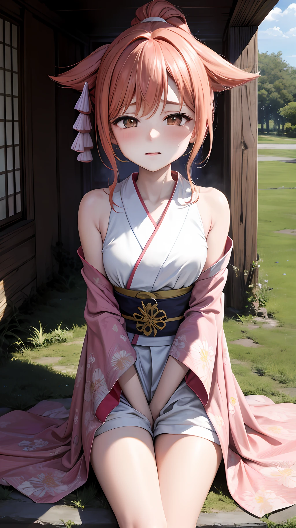 masterpiece, 1girl, solo, orange hair, sarashi, bandage, sarashi, neckline, bare shoulders, kimono, (all four: 1.2), blush, cherry blossoms, grass, expression of shame, embarrassed