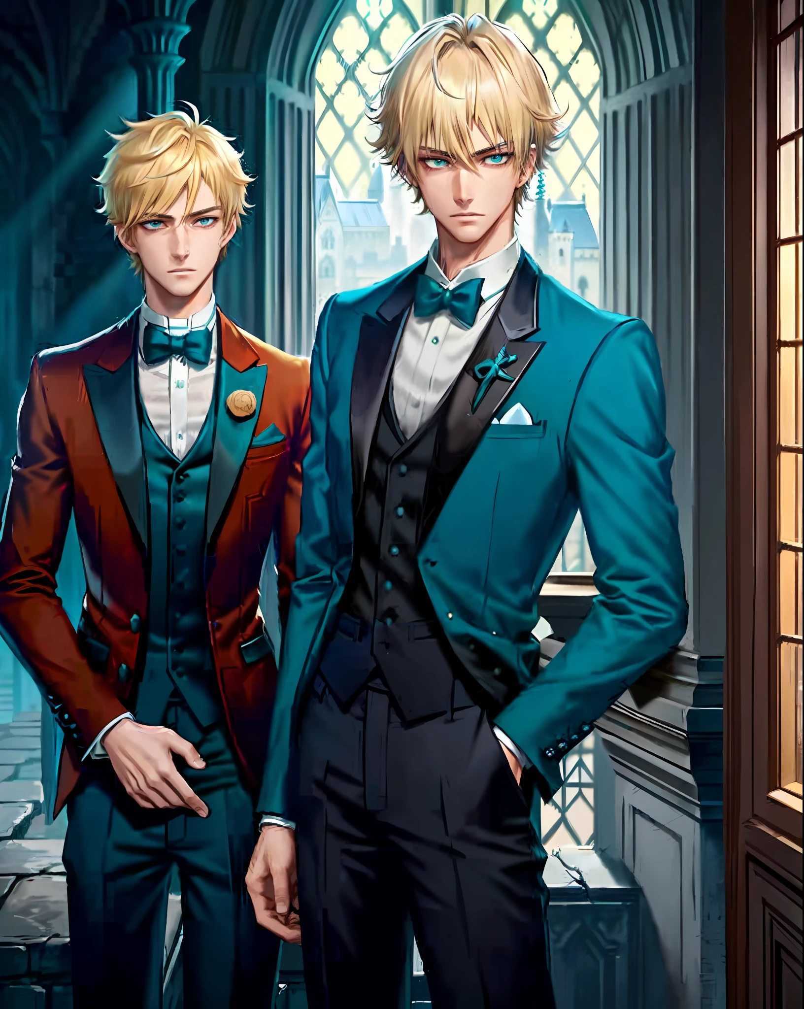 1boy, (man), manly body, anime, extremely detailed, hyper detailed, (broad shoulders), (PERFECT FACE), illustration, soft lighting, 2d, intricate, cowboy shot, detailed eyes, blonde hair, short hair, teal eyes, sexy, toned, black tuxedo, (outside), castle tower