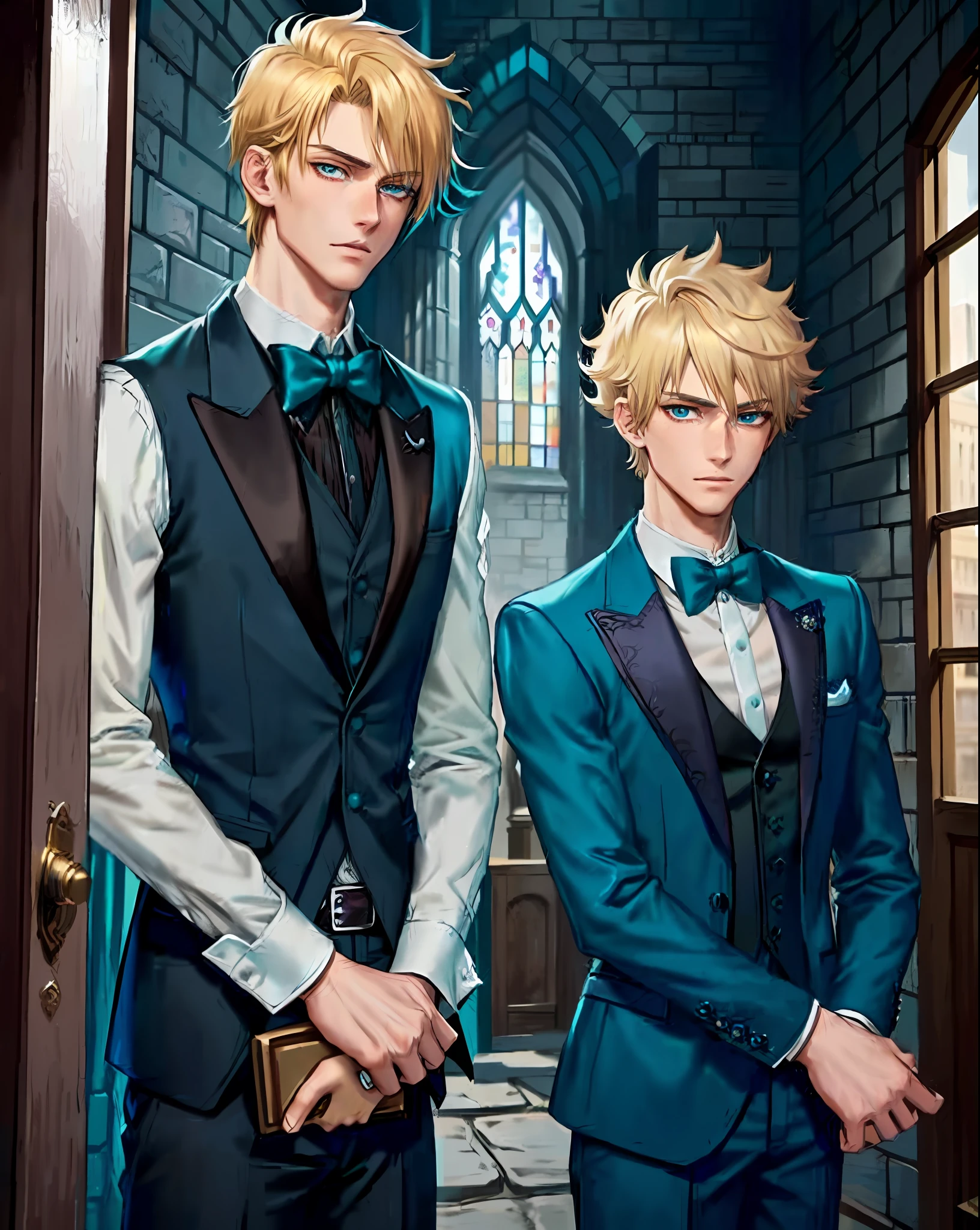 1boy, (man), manly body, anime, extremely detailed, hyper detailed, (broad shoulders), (PERFECT FACE), illustration, soft lighting, 2d, intricate, cowboy shot, detailed eyes, blonde hair, short hair, teal eyes, sexy, toned, black tuxedo, (outside), castle tower