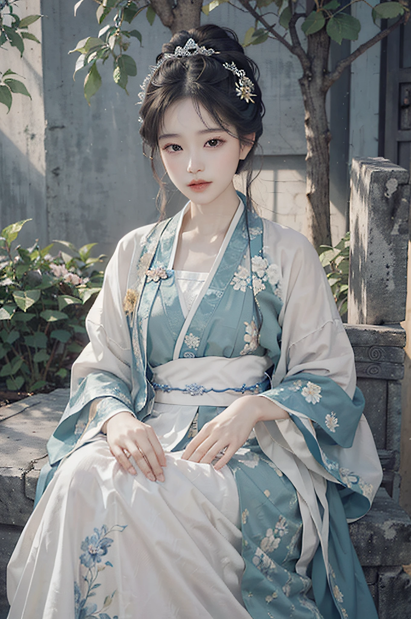 A woman in a blue and white dress with flowers in her hair, hanfu, palace, girl in hanfu, blue hanfu, white hanfu, wearing ancient Chinese costume, ((beautiful fantasy queen)), ancient Chinese princess, Chinese style, traditional Chinese clothing, ancient Chinese clothing, beautiful fantasy queen, Chinese princess, traditional beauty,
