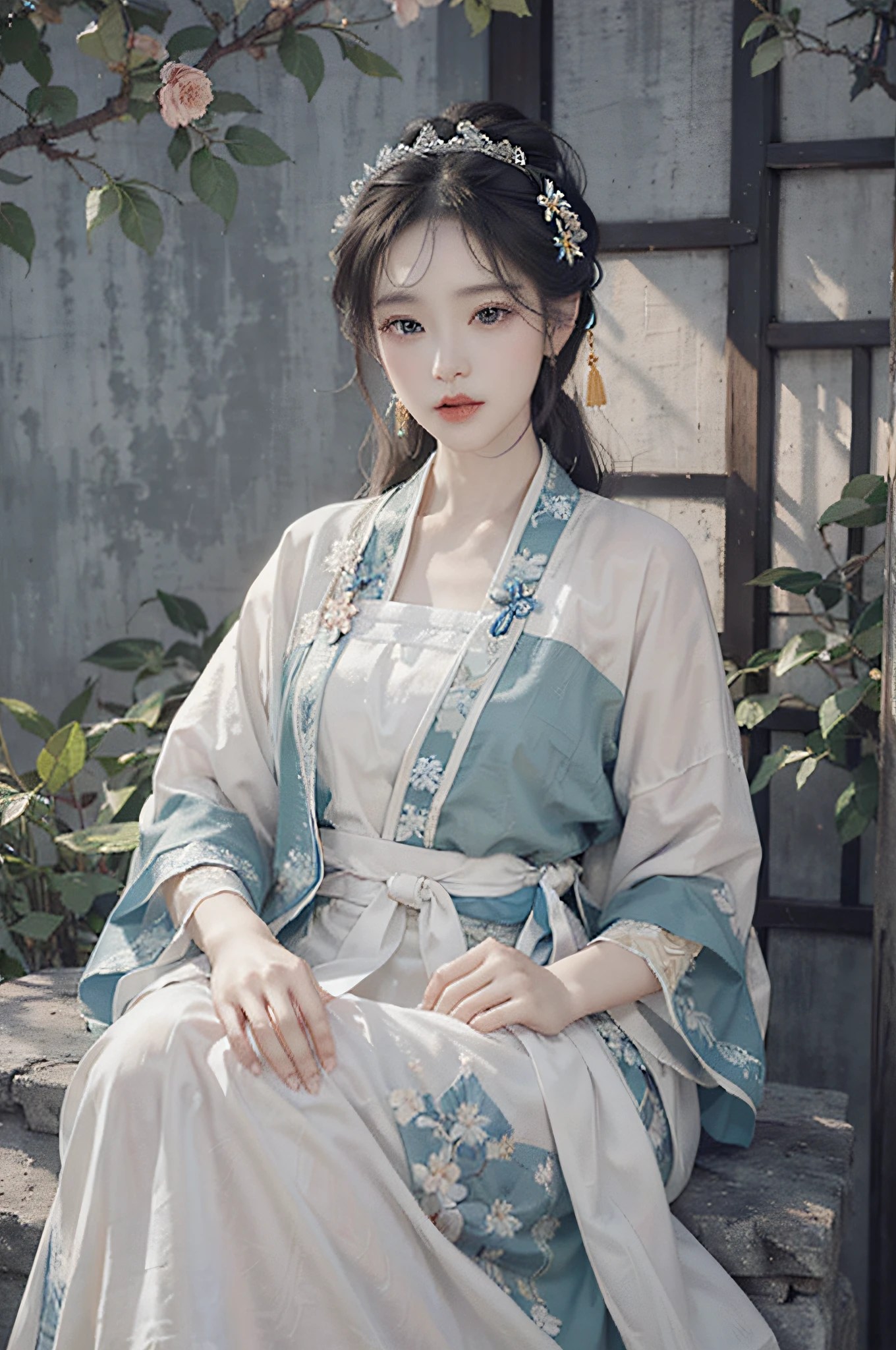 A woman in a blue and white dress with flowers in her hair, hanfu, palace, girl in hanfu, blue hanfu, white hanfu, wearing ancient Chinese costume, ((beautiful fantasy queen)), ancient Chinese princess, Chinese style, traditional Chinese clothing, ancient Chinese clothing, beautiful fantasy queen, Chinese princess, traditional beauty,