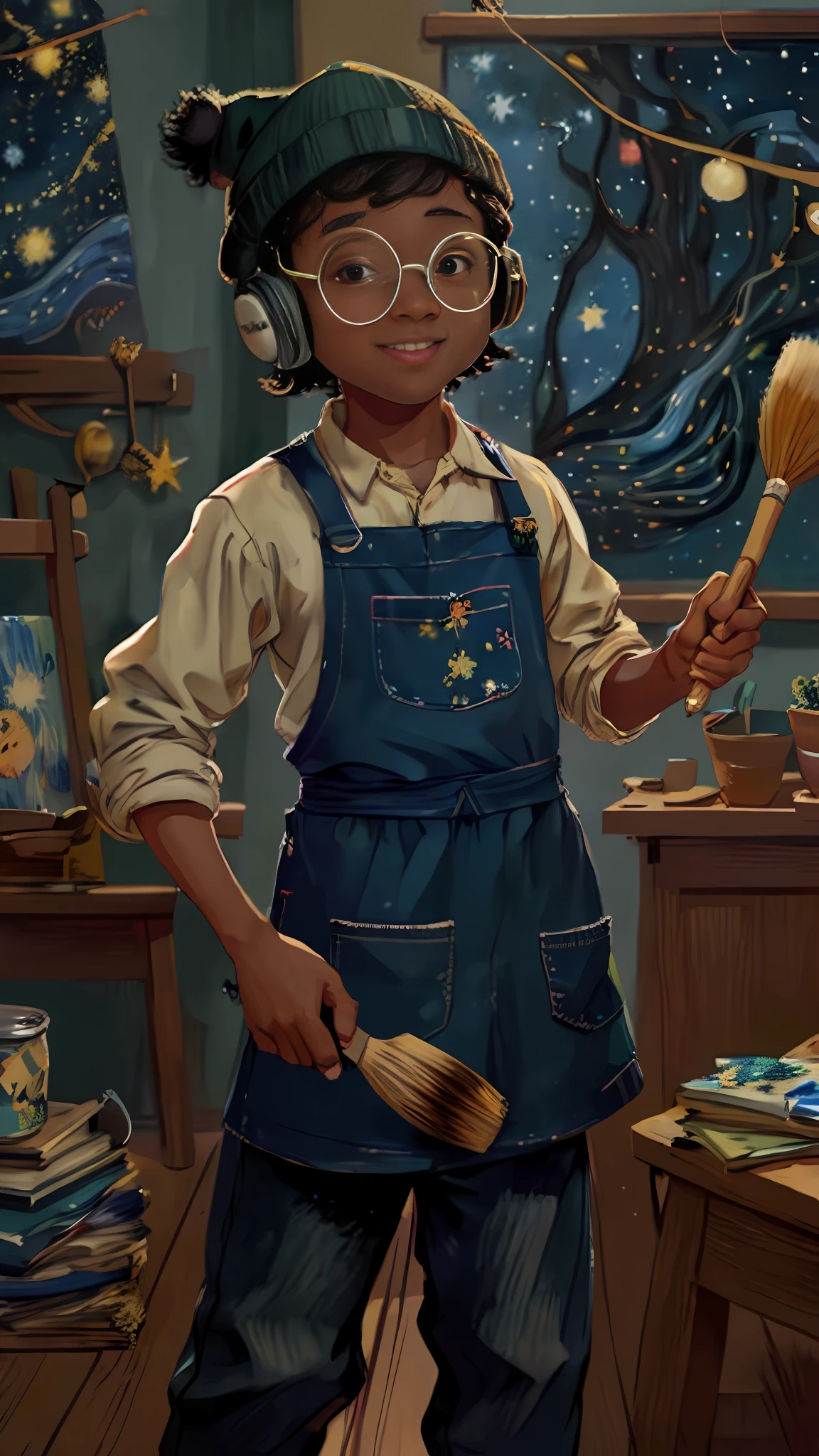 A black boy, round glasses, apron, painter, holding a brush, beanie, headphones, painting, happy, happy, perfect quality, clear focus (clutter - house: 0.8), (masterpiece: 1.2) (realistic: 1.2) (bokeh) (best quality) (detailed skin: 1.3) (intricate details) (8K) (detail eyes) (sharp focus), (happy), in the background Van Gogh's starry night, starry night painting, beautiful UHD art 4 k,  Starry Night, by Van Gogh, Starry Night!!!!!!!!!!!!!!!!!!!!, painting by Van Gogh