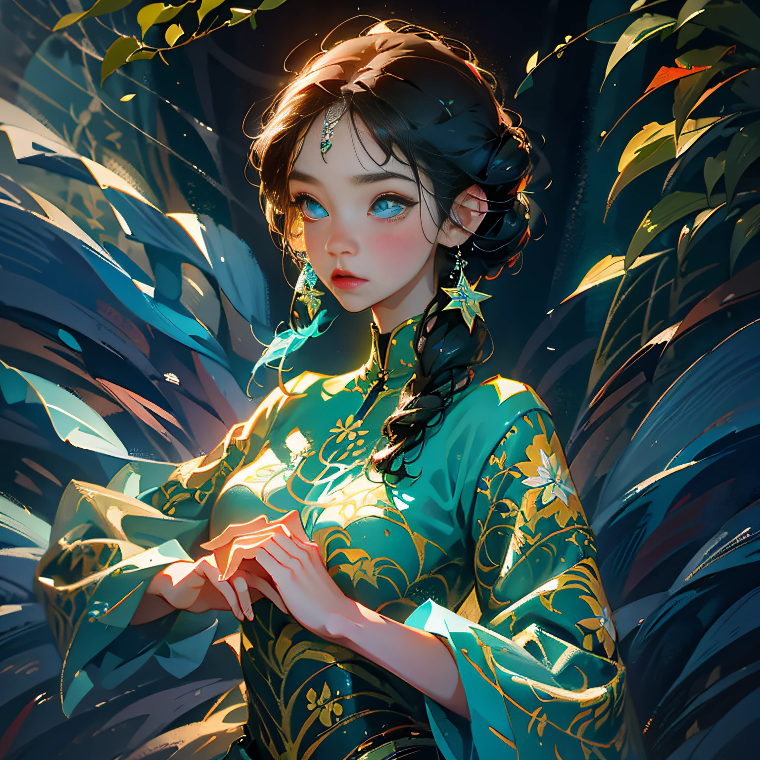 Girl surrounded by fish, close-up of avatar, relaxed expression, oil brush strokes, impressionist palette style, beauty, cyan, anime, decorative painting elements, depth of field lens, 8K, deep eyes.