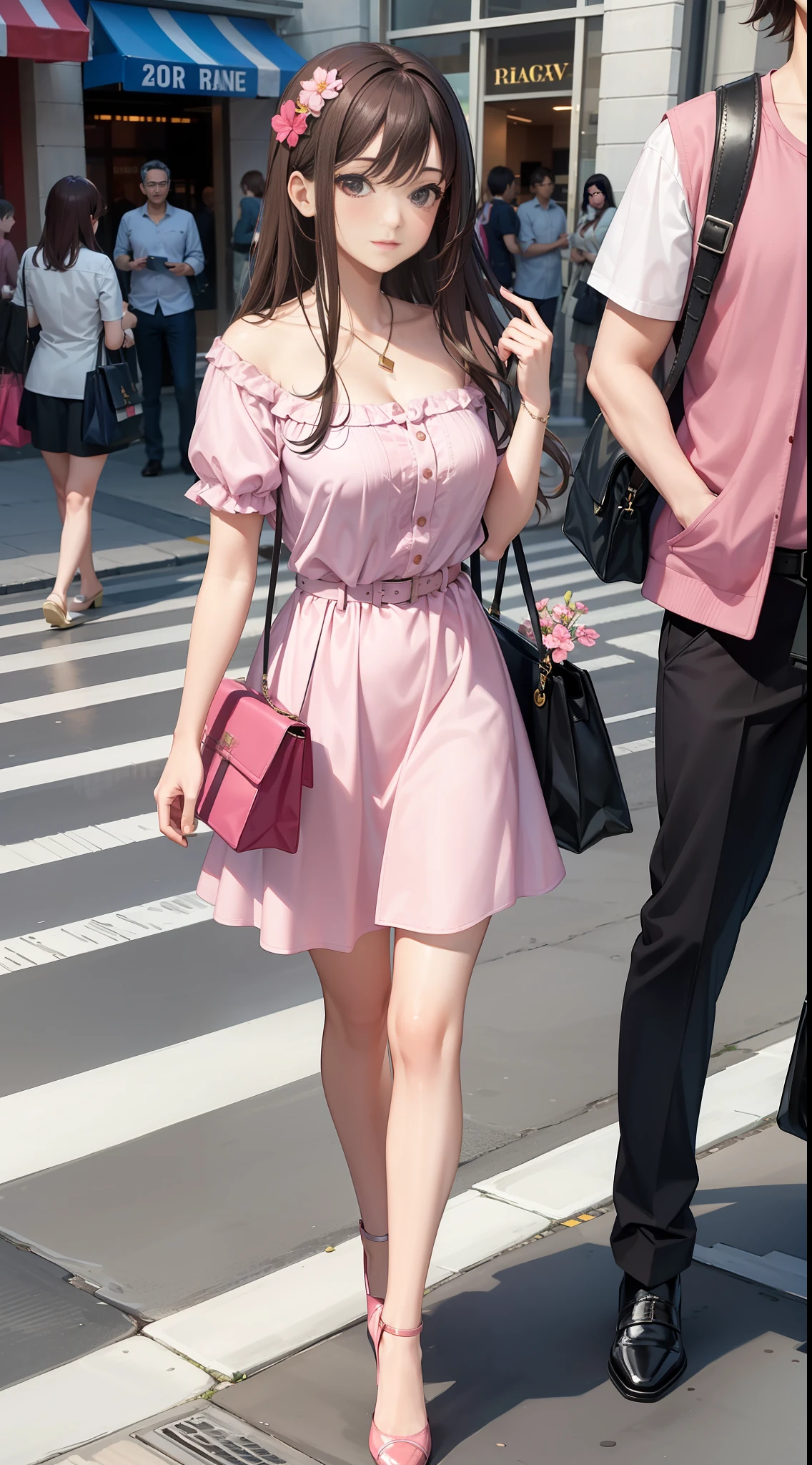 masterpiece, best quality, best quality, ultra high res, surrounded, multiple others, dress, walking, 1 middle age man with glass and pink wear, 1girl with pink flower dress shirt, bag, street, pink dress, long hair, multiple boys, strapless, belt, high heels, cleavage, black hair, outdoors, crowd, strapless dress, city, pants, handbag, road, holding bag, shopping bag, shirt, brown hair, crosswalk, holding, real world location