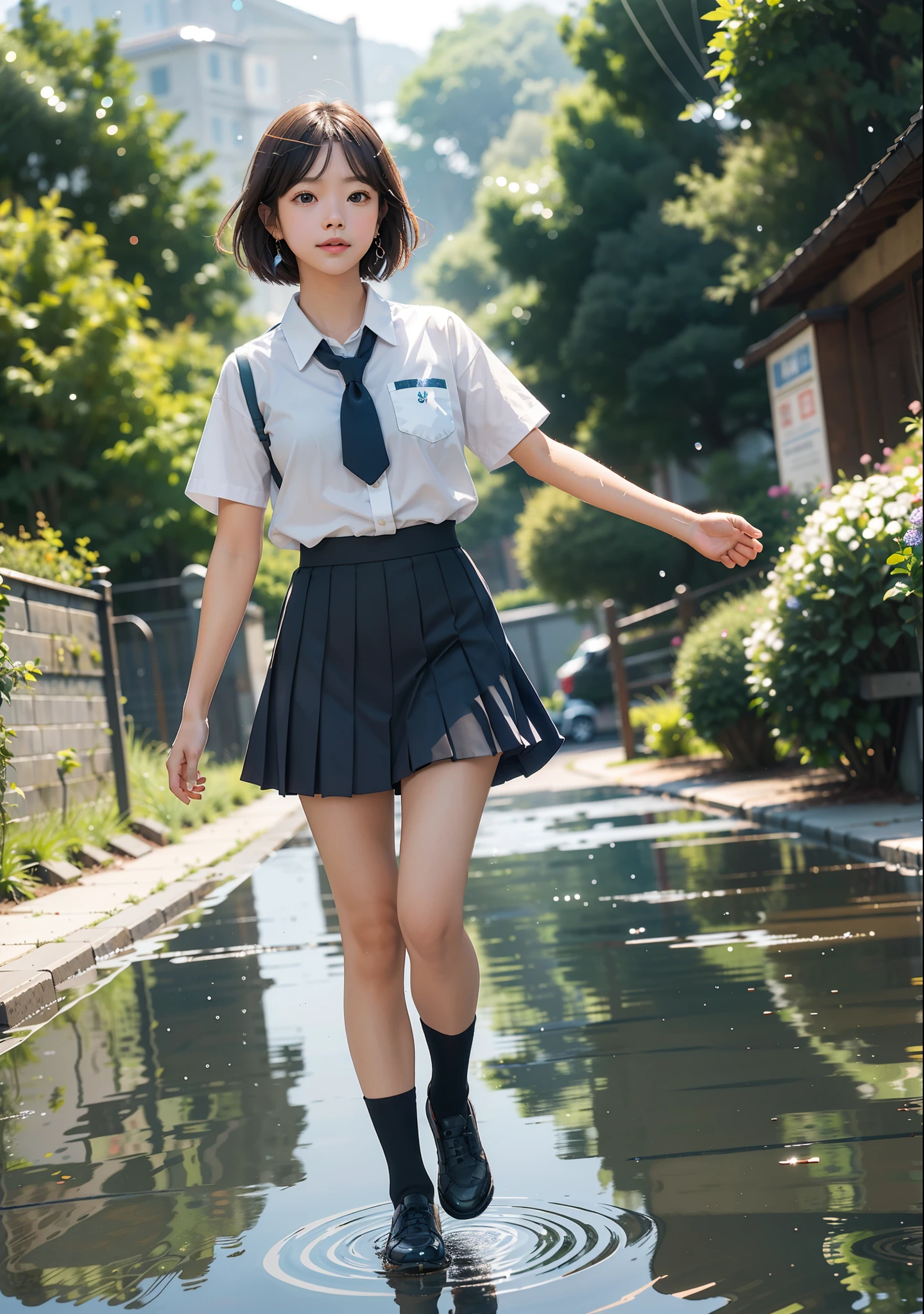 masterpiece, ultra realistic, 8k,  (solo), cute little (1girl) walking,path,[from below:1.2],brown hair,sine short hair,brown eyes,puddle,Water Reflection,rain,floating water drop,hydrangea,(blurry foreground),dynamic angle,asphalt,(blue sky),lens flare,school uniform,(glitter:1.2)