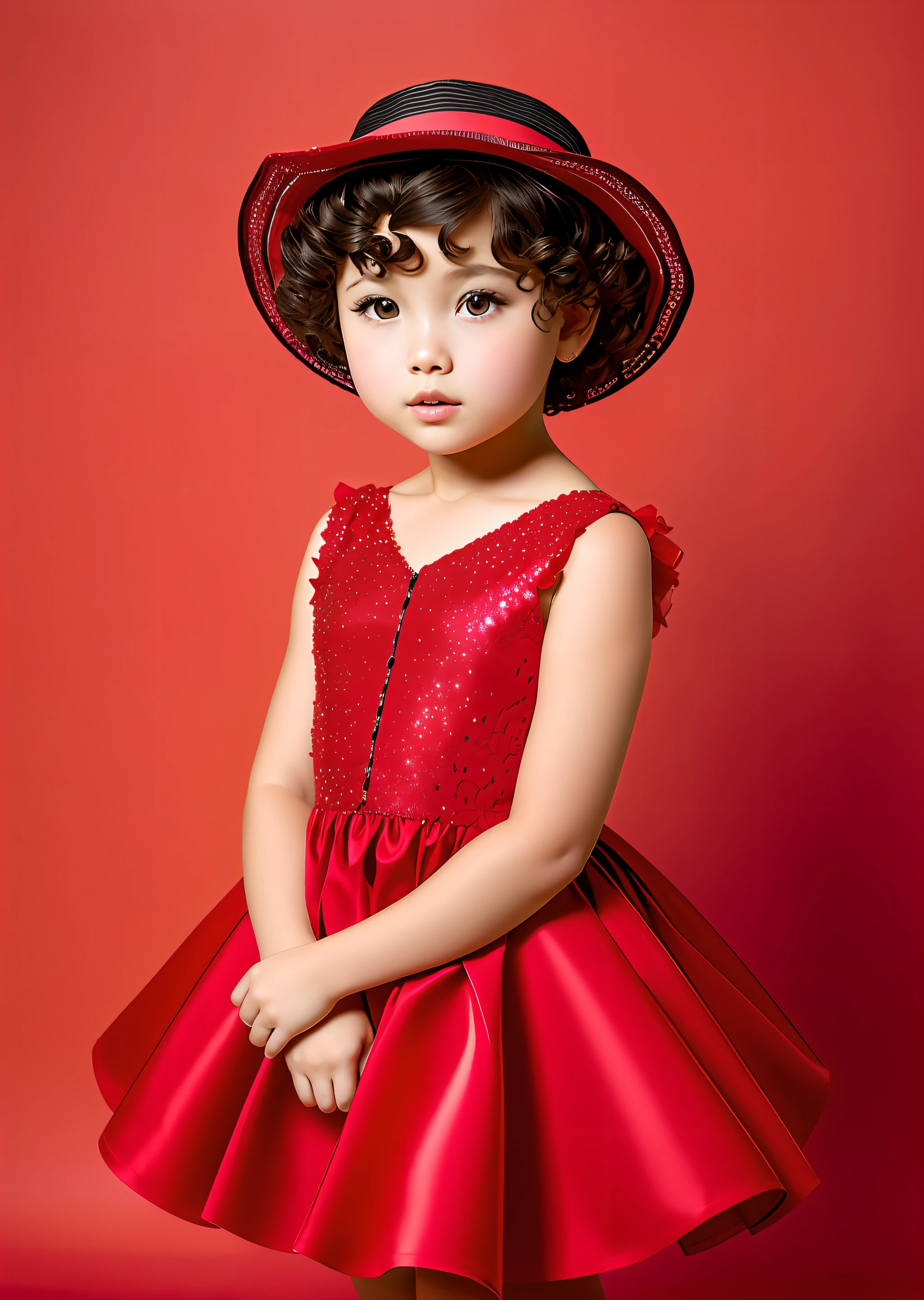 Fashion photography of children, red dress, strong sense of design, medium shot, , South African little girl, shair accessories, delicate skin, cute and lively, simple background, high texture, backlight, professional studio lighting