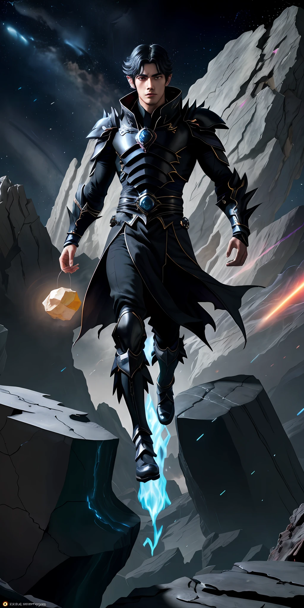 levitating male summoner with black hair, light black armor robes raised over a broken earth, bright lava light from beneath the asteroid field (jagged rocks, boulders and debris shooting into the air:1.3) (windy dust debris storm:1.1) volumetric mist mist ray tracing z pass bright light from below, (masterpiece) (best quality) (detailed) (8k) (cinematic lighting) (sharp focus) (intricate)