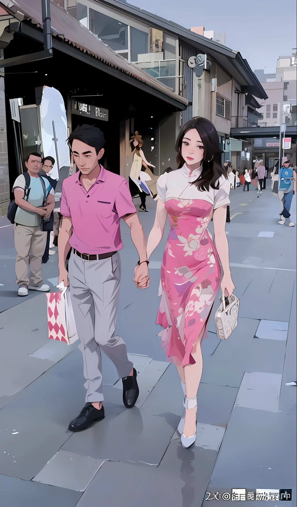 araffe walking down a street with a man holding a woman's hand, lovely couple, dressed with long fluent clothes, dressed with fluent clothes, wearing a wonderful dress, couple walking hand in hand, man and woman walking together, 😭🤮 💔, cheongsam, well - dressed, holding hands, holding hand, chinese artist, sha xi, in city street