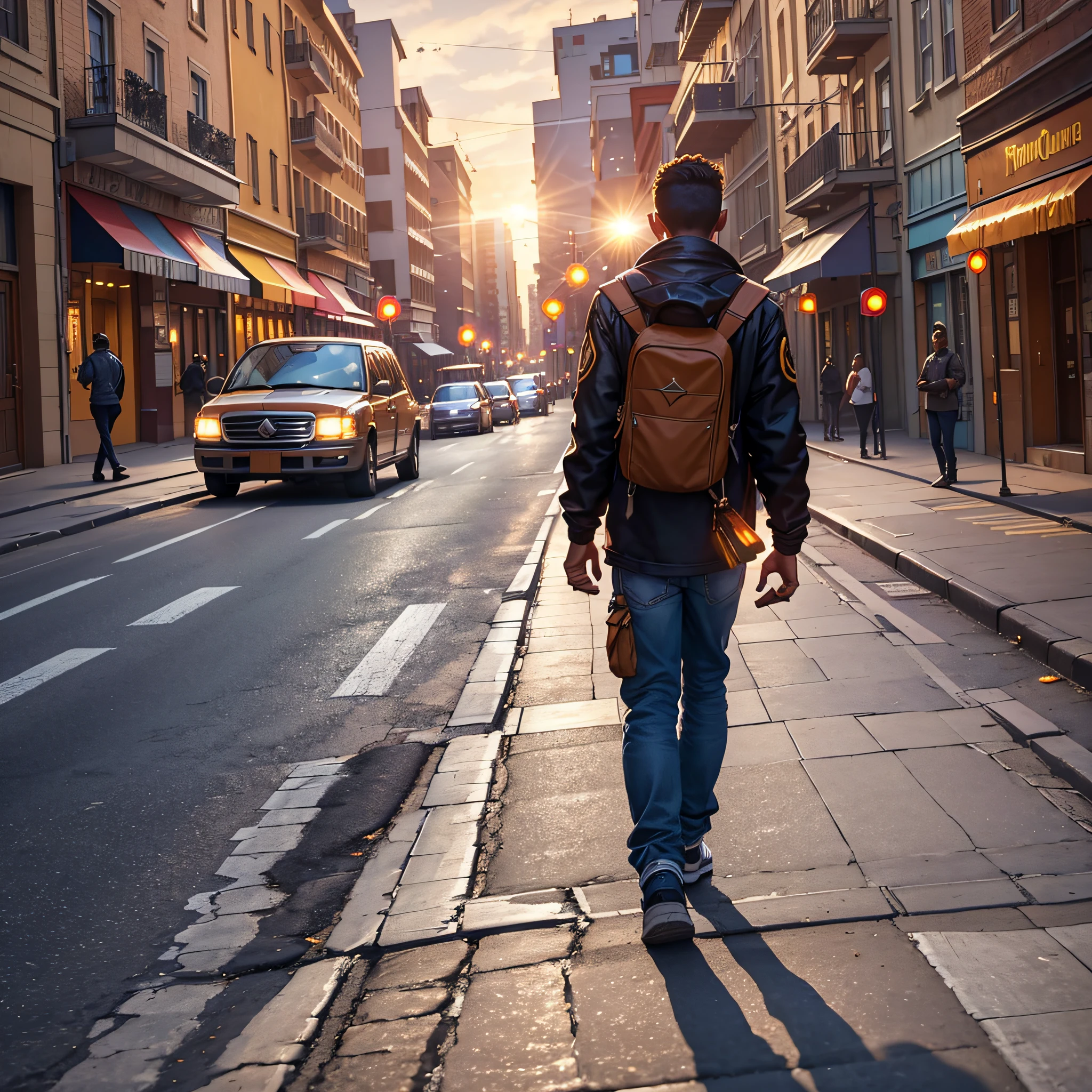 "A young man walking down the street preaching the gospel, while a flame follows him. (exceptional lighting, perfect shadows, precise details, colorful view of the street, deep focus, dynamic camera, 1 person, flame)"