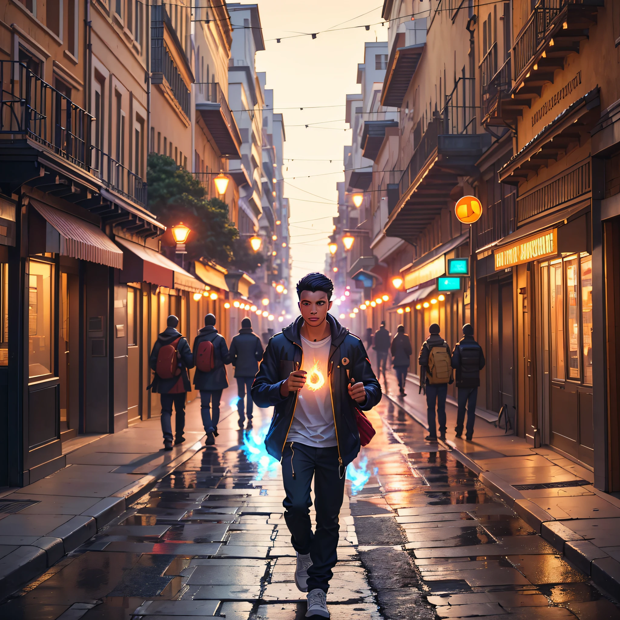 "A young man walking down the street preaching the gospel, while a flame follows him. (exceptional lighting, perfect shadows, precise details, colorful view of the street, deep focus, dynamic camera, 1 person, flame)"