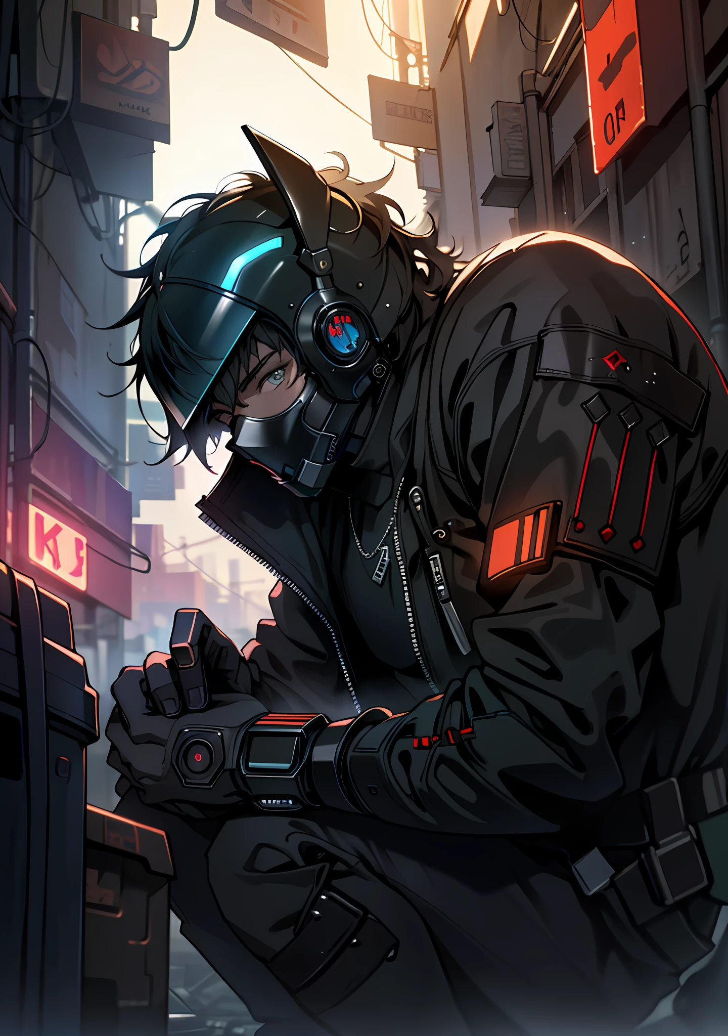 ultra detail, high resolution, ultra detailed, best quality, amazing, top quality, extremely detailed CG unity 8k wallpaper, cinematic lighting, cyberpunk, dark boy, trash gang facemask
