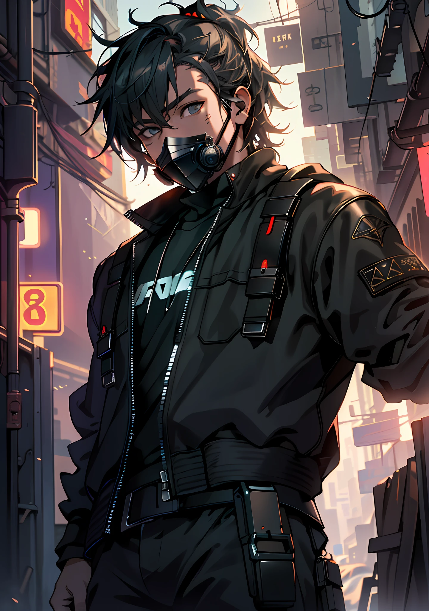 ultra detail, high resolution, ultra detailed, best quality, amazing, top quality, extremely detailed CG unity 8k wallpaper, cinematic lighting, cyberpunk, dark boy, trash gang facemask