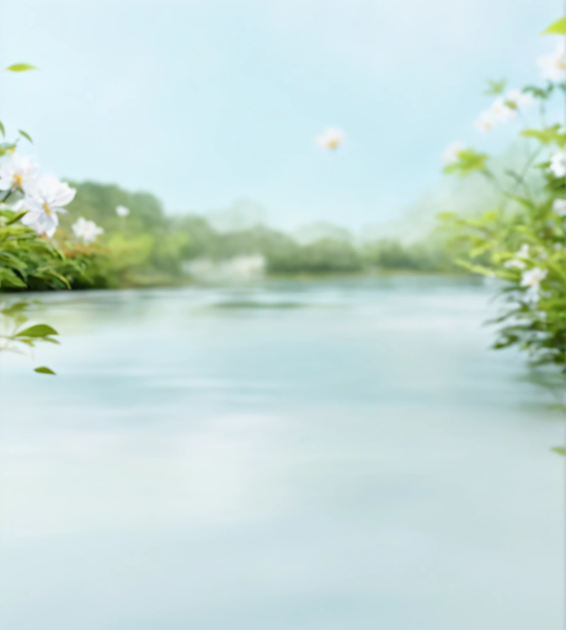 there is a painting of a river with flowers in the foreground, water landscape, blurred environment background, river with low hanging plants, river in the background, lake background, nature background, natural background, realistic water, small river, realistic background, beautiful lake background, . background: jungle river, blur dreamy outdoor, detailed lake in background, floral environment, waterscape