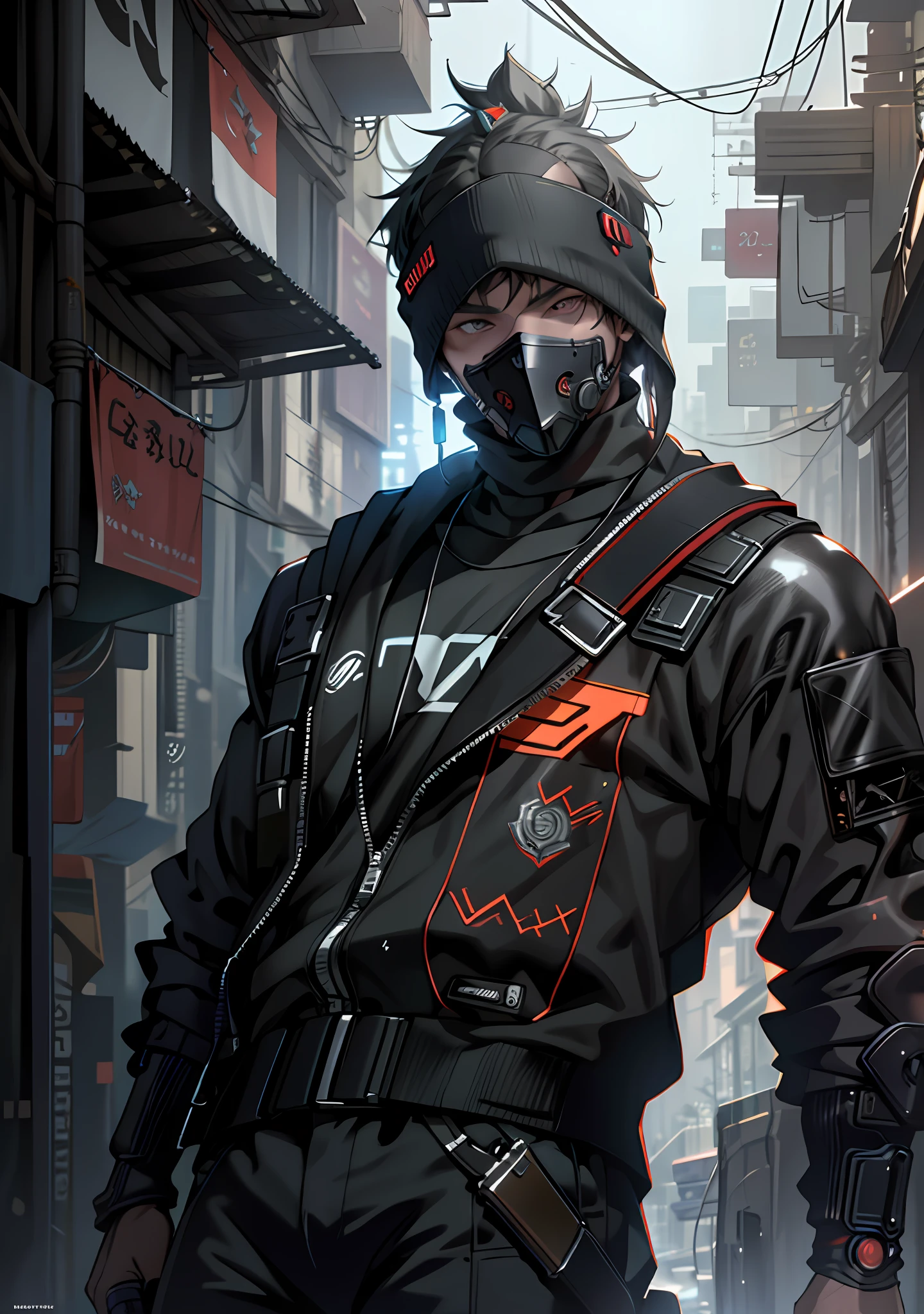 ultra detail, high resolution, ultra detailed, best quality, amazing, top quality, extremely detailed CG unity 8k wallpaper, cinematic lighting, cyberpunk, dark boy, trash gang facemask