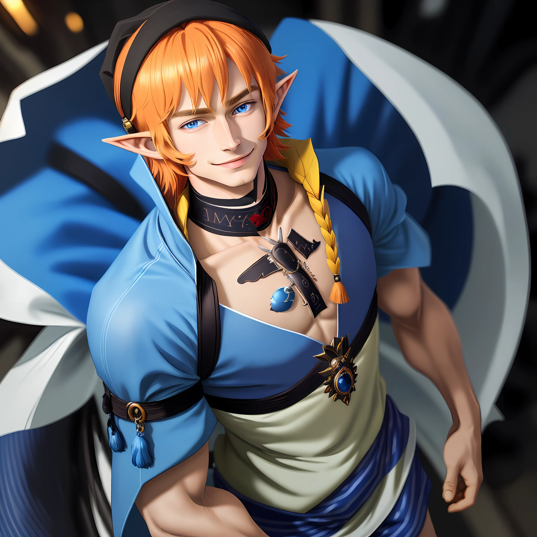 ((Masterpiece: 1.2, Best Quality)), , Honey Eye (Handsome: 1.4), Dreamy, White, City, Night, Superb Detailed Face, Full Body, Smile, Blue Eyes, Elf Ears, Masterpiece, Best Quality, High Resolution, 1boy, Solo, Red Striped Hair,