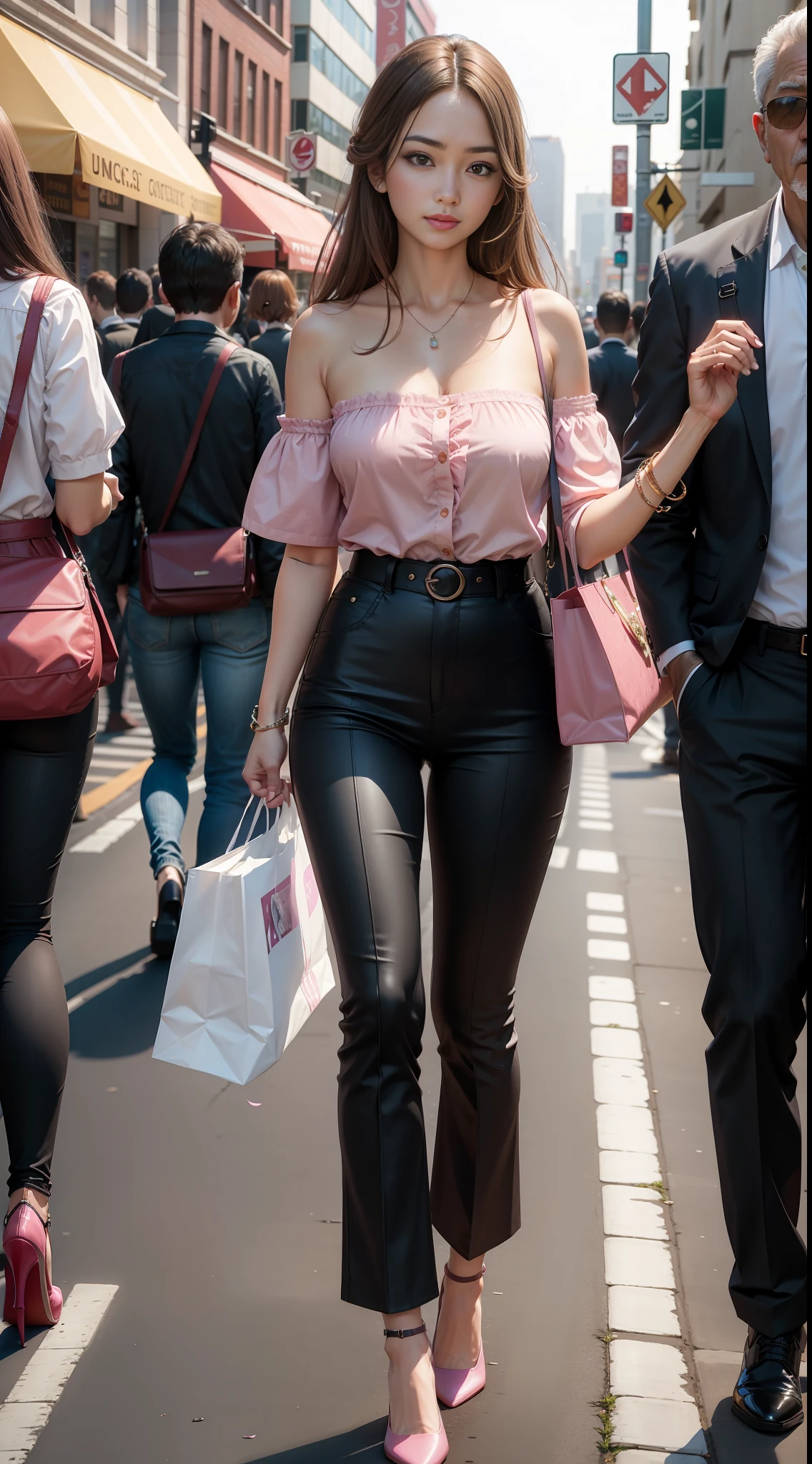 masterpiece, best quality, best quality, ultra high res, surrounded, multiple others, dress, walking, 1 middle age man with glass and pink wear, 1girl with pink flower dress shirt, bag, street, pink dress, long hair, multiple boys, strapless, belt, high heels, cleavage, black hair, outdoors, crowd, strapless dress, city, pants, handbag, road, holding bag, shopping bag, shirt, brown hair, crosswalk, holding, real world location