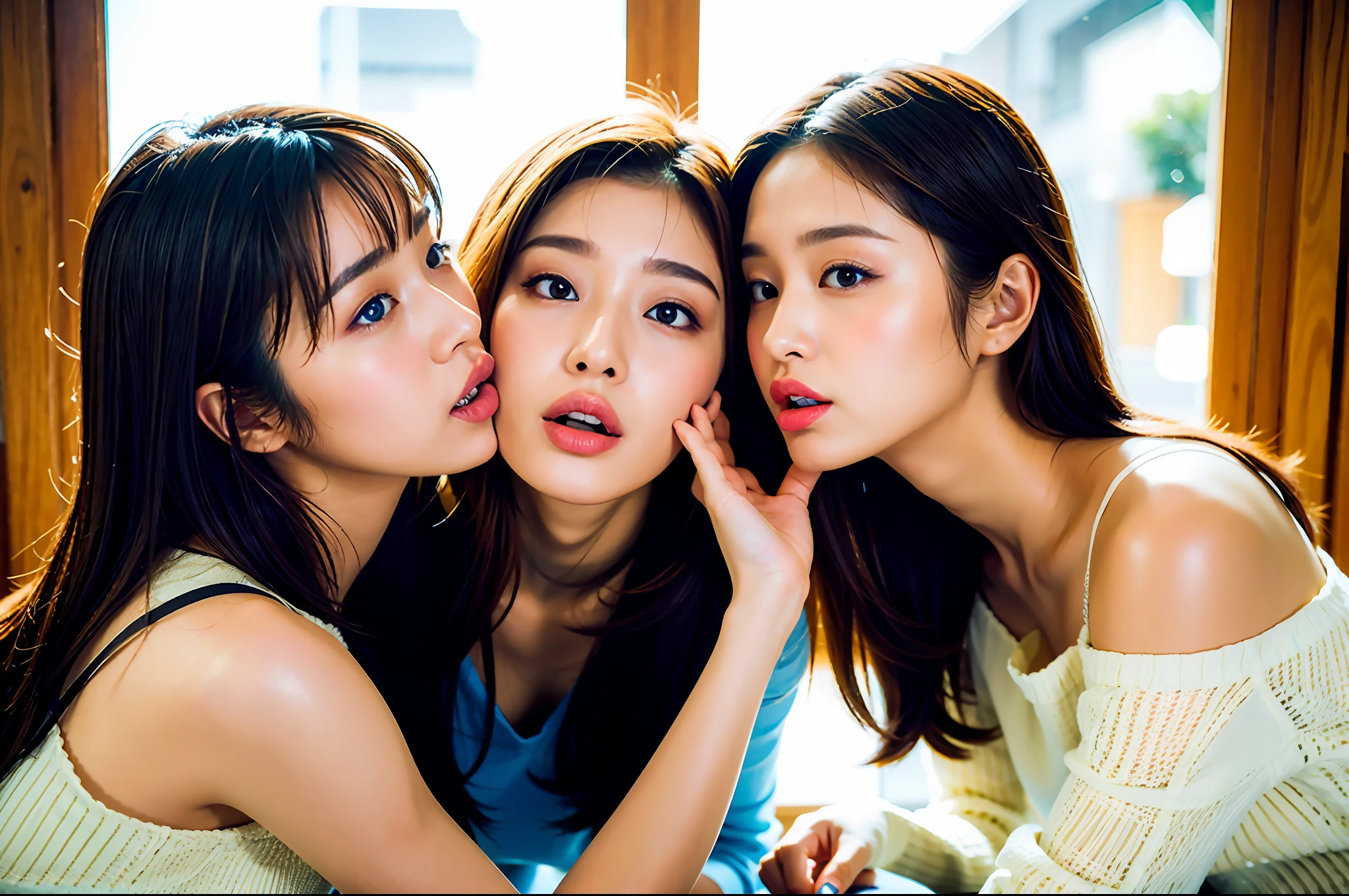 (ultra realistic),best quality, ultra high res,((2 slim girls kissing)), (Tongue kiss:1.2), ( french kiss:0.8),bangs,asian,indoors,detailed face,black thighhighs,yellow eyes,short hair,make up,detailed black hair,detalied eyes, detalied lips, cosplay,showing armpits,blurry window background,jewelry, (PureErosFace_V1:0.8), (ulzzang-6500:0.66) ,