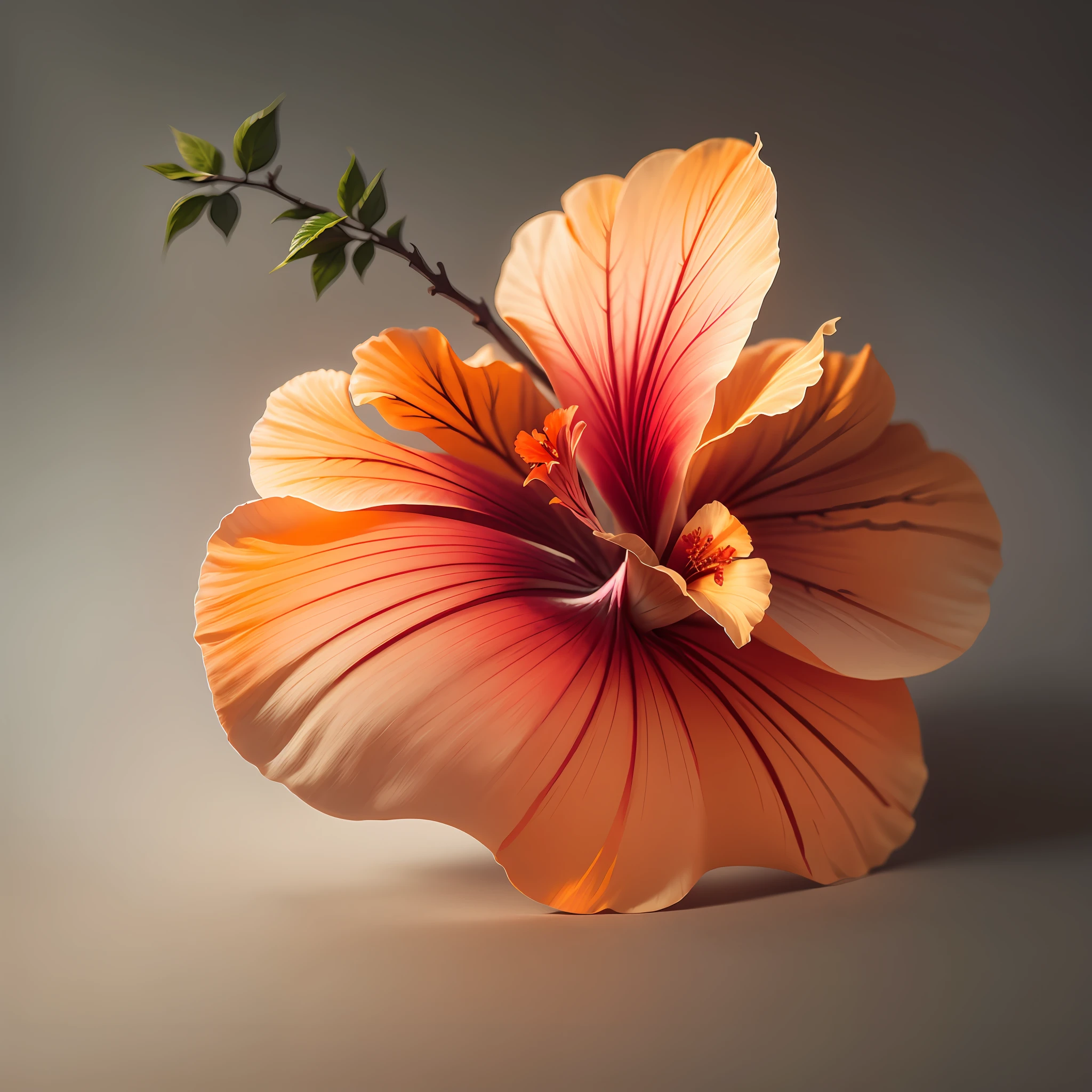 hibiscus flower blooming on a gnarled branch against a grey background, simple background, in the style of light orange and light beige, minimalist images, photography installations, paleocore, green and crimson, hyper-realistic, poetic intimacy --auto --s2