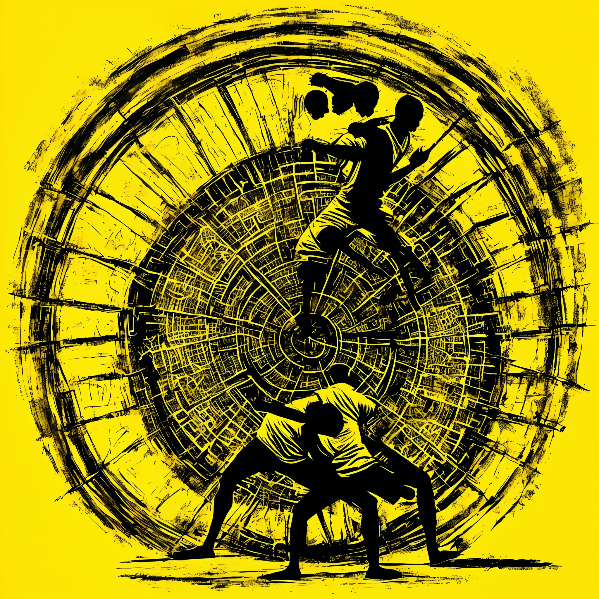 Consistent body, (best quality), abstract drawing, capoeira angola, wheel with 2 people inside, burnt yellow shirt, abstract engraving