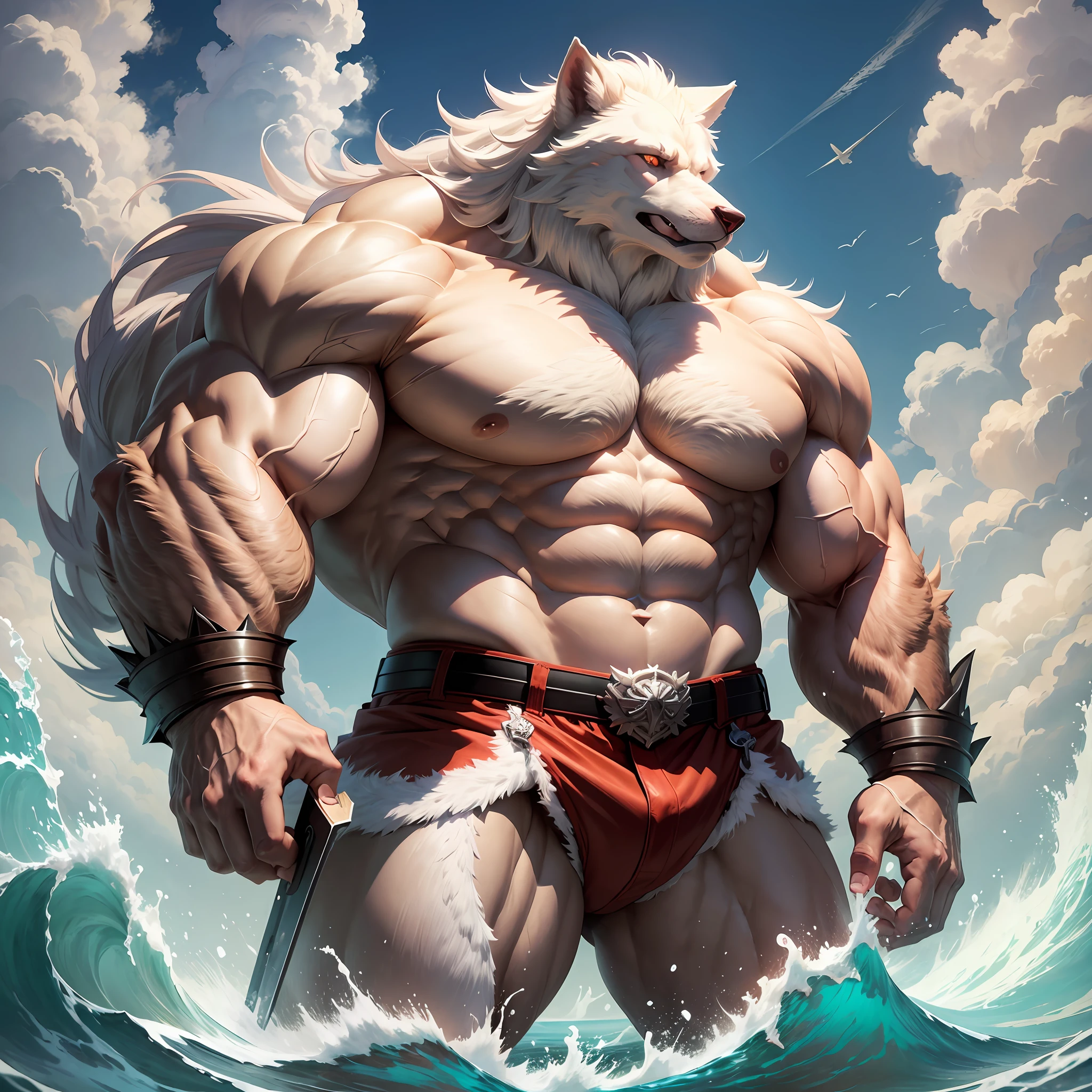 anime character with a white wolf like body and red shorts standing on sea, high angel, fluffy chest, furry chest, thick furry neck and chest fluff, muscular werewolf, muscular! white, fluffy body, big biceps, commission for high res, thicc, strong and imposing, beefy, super buff and cool, large muscles, big muscle, furry body, muscular character, big arms --auto --s2