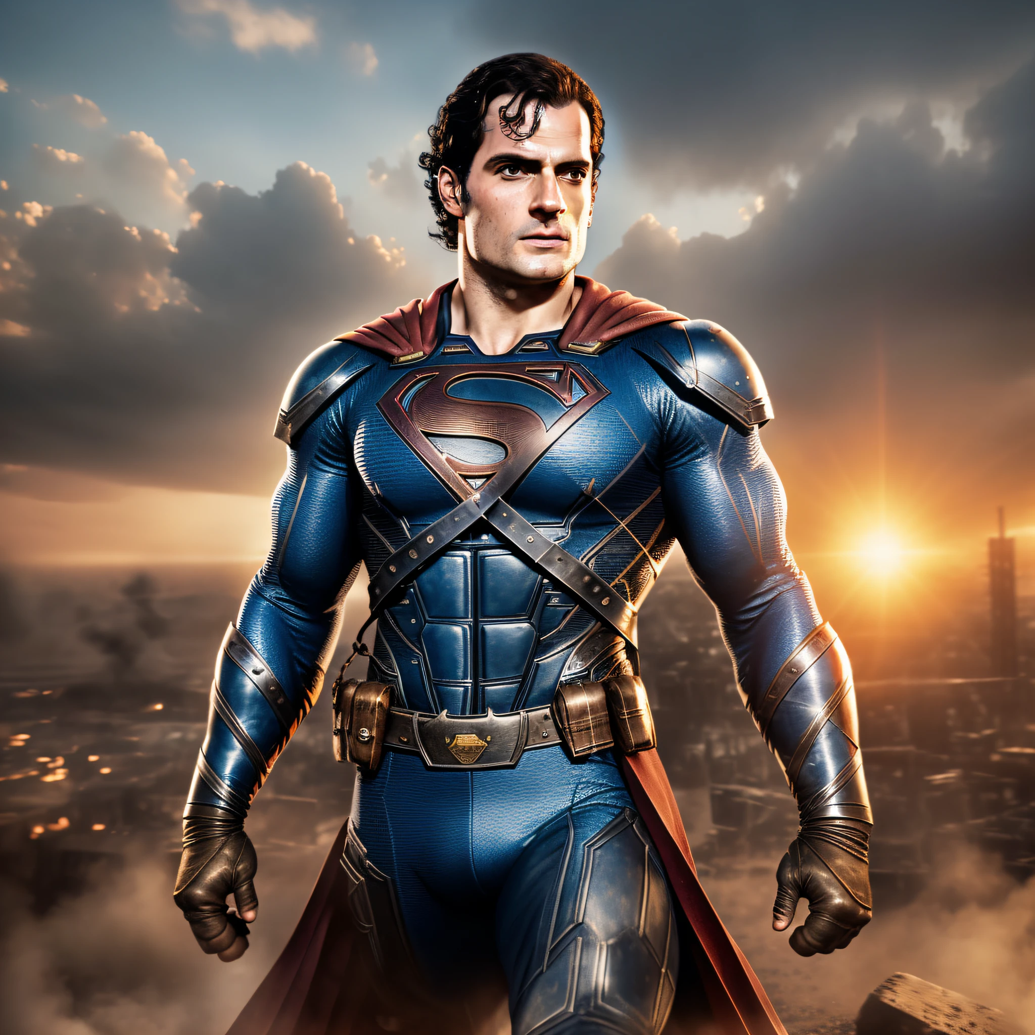 in action dieselpunk ((Henry Cavill: 1.2)) fly superman, dark suit, blue sky with clouds, dystopian future, sunset sun, hyper realistic by Zack Snyder, cinematic
