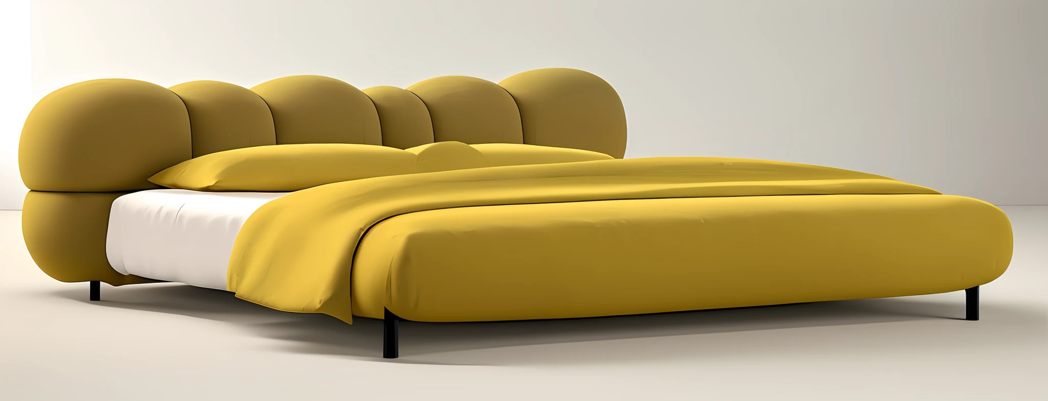Yellow bed with white headboard and yellow pillows in the room, curved furniture, designer furniture, furniture design, depicted as 3d rendering, yellow carpet, tufted pastel, unmade bed, some pillows, inspired by Carls del Crow Is, inspired by Francesco Frini, inspired by Esaias Boursse