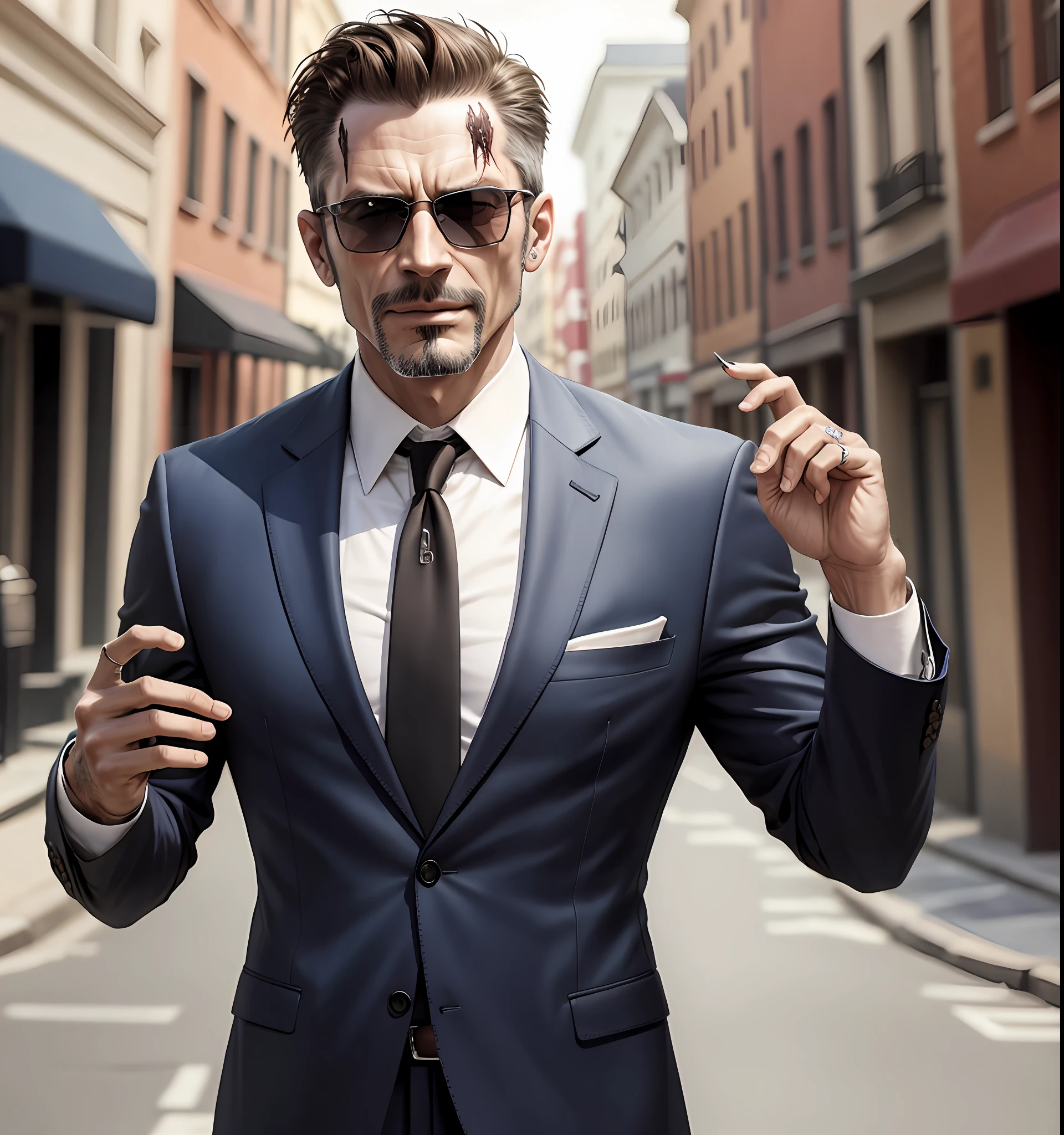 45 year old man in suit sunglasses serious in hell scars goatee