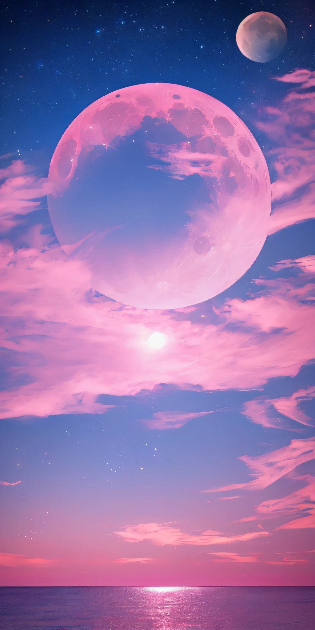 Pink moon, pink sky, soft pink clouds, pink ocean waves sparkling, sparkling, pink roses on pink ocean, fantasy, diamond, crown, universe, soft lights,