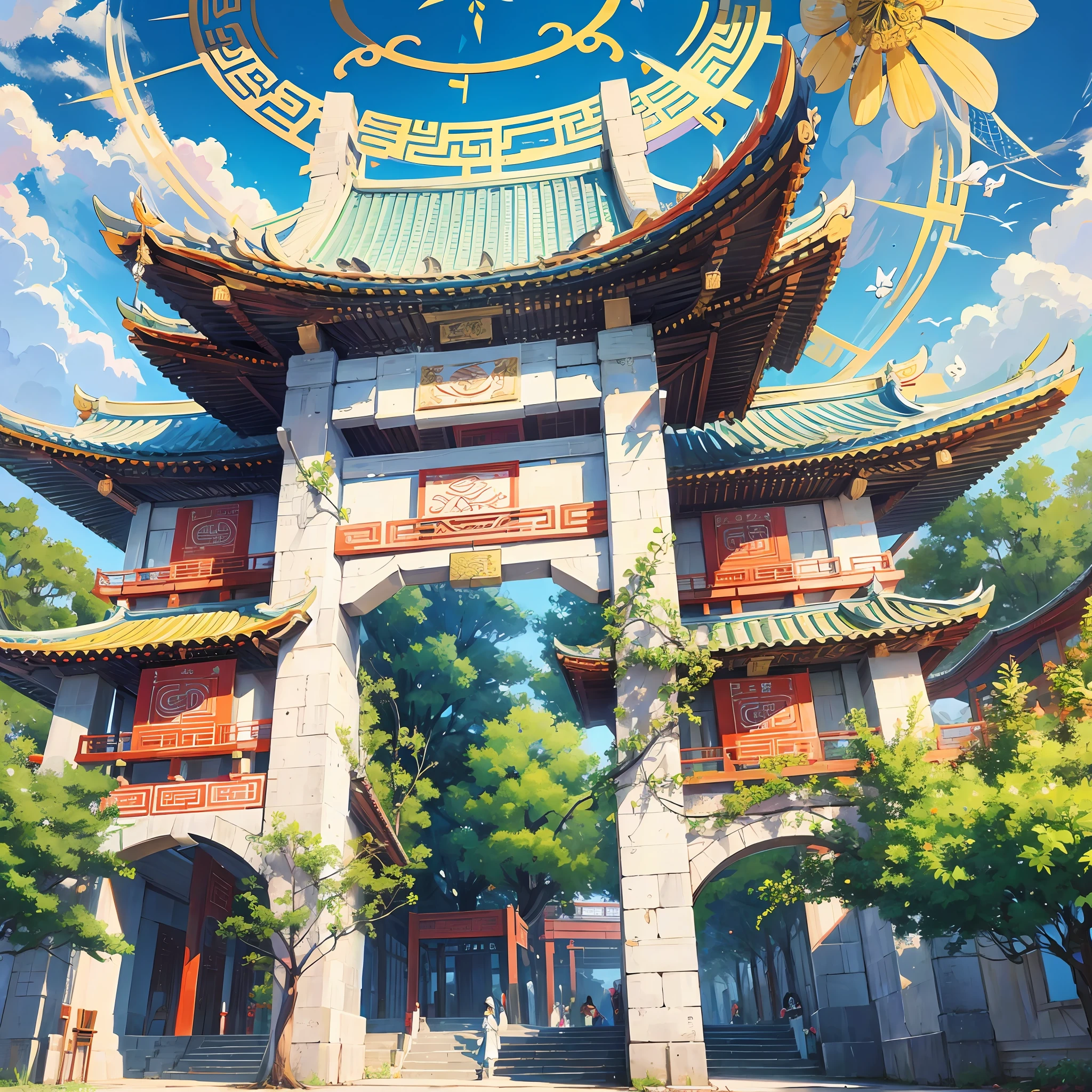 Chinese Eastern mythology, South Heavenly Gate, architecture, white, Gate of Heavenly Court, fairy air fluttering, clouds and mist --auto --s2