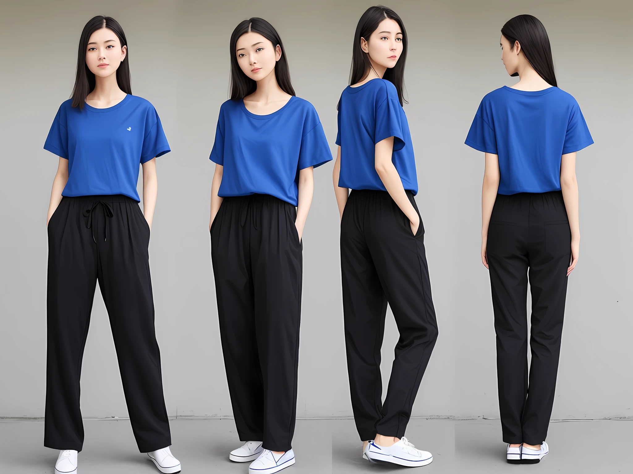 Top: blue loose T-shirt; Bottoms: Black slacks; European woman