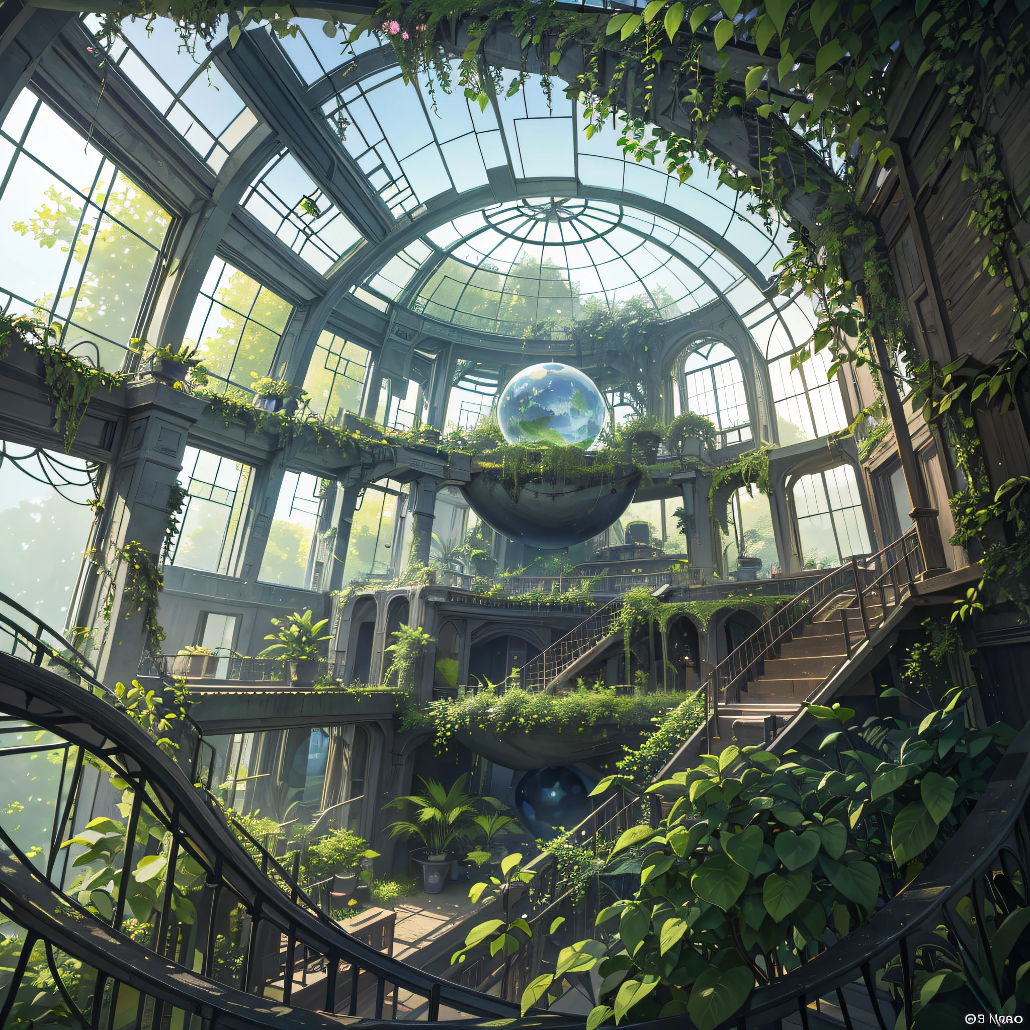 HDR, 8K, Stunning view of an overgrown layered spherical glass house, a futuristic house covered in plants, hanging vines, standing inside a huge spherical room, exterior, pastel colors, Pixar rendering, cinematic smoothness, intricate details --auto --s2