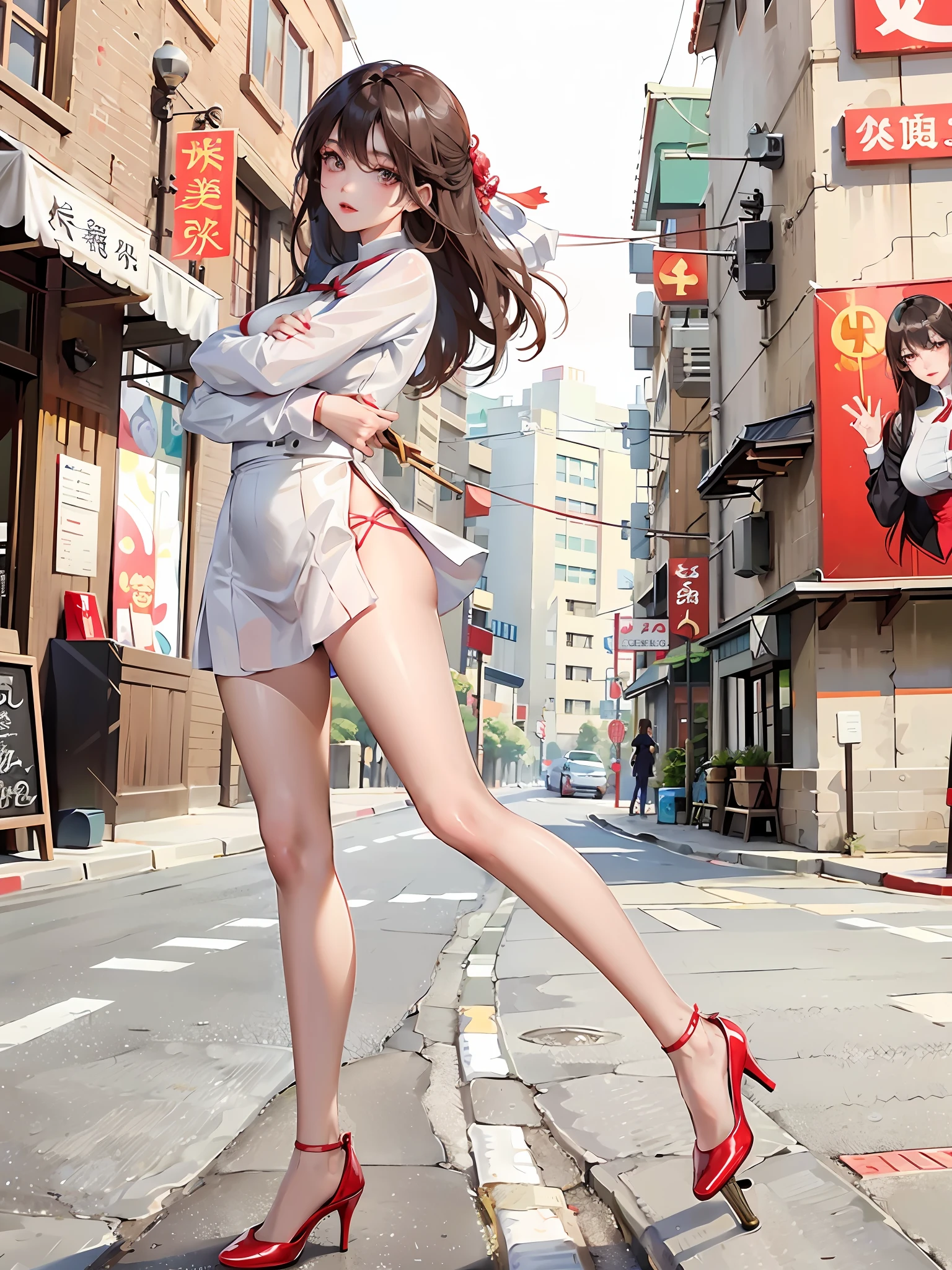 Elegant woman in red hip wrapped skirt, posing for photo, photo of slim girl model, beautiful face with arms and legs, very beautiful and slim legs, chinese girl, chinese female fashion model, chinese girl, slim girl photo, attractive pose, beautiful bust shot, cowboy shot, cute elegant pose, street shot