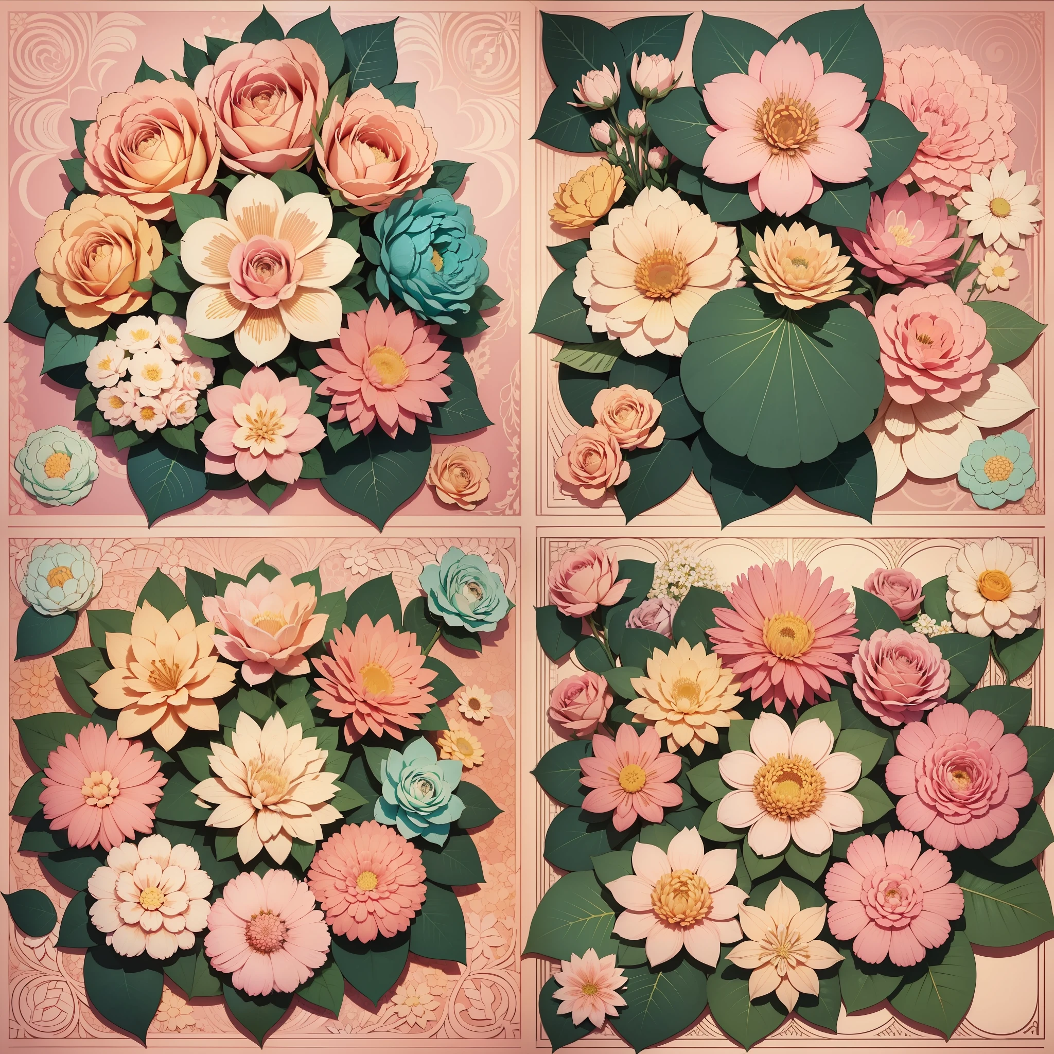 Set pattern of large flowers with plants, defined shape, flat style, vector style, drawing style, naïve style, wallpaper style, in soft pastel colors such as old pink, pastel blue, light blue, beige, pastel yellow, ivory white. No shadows in the images.