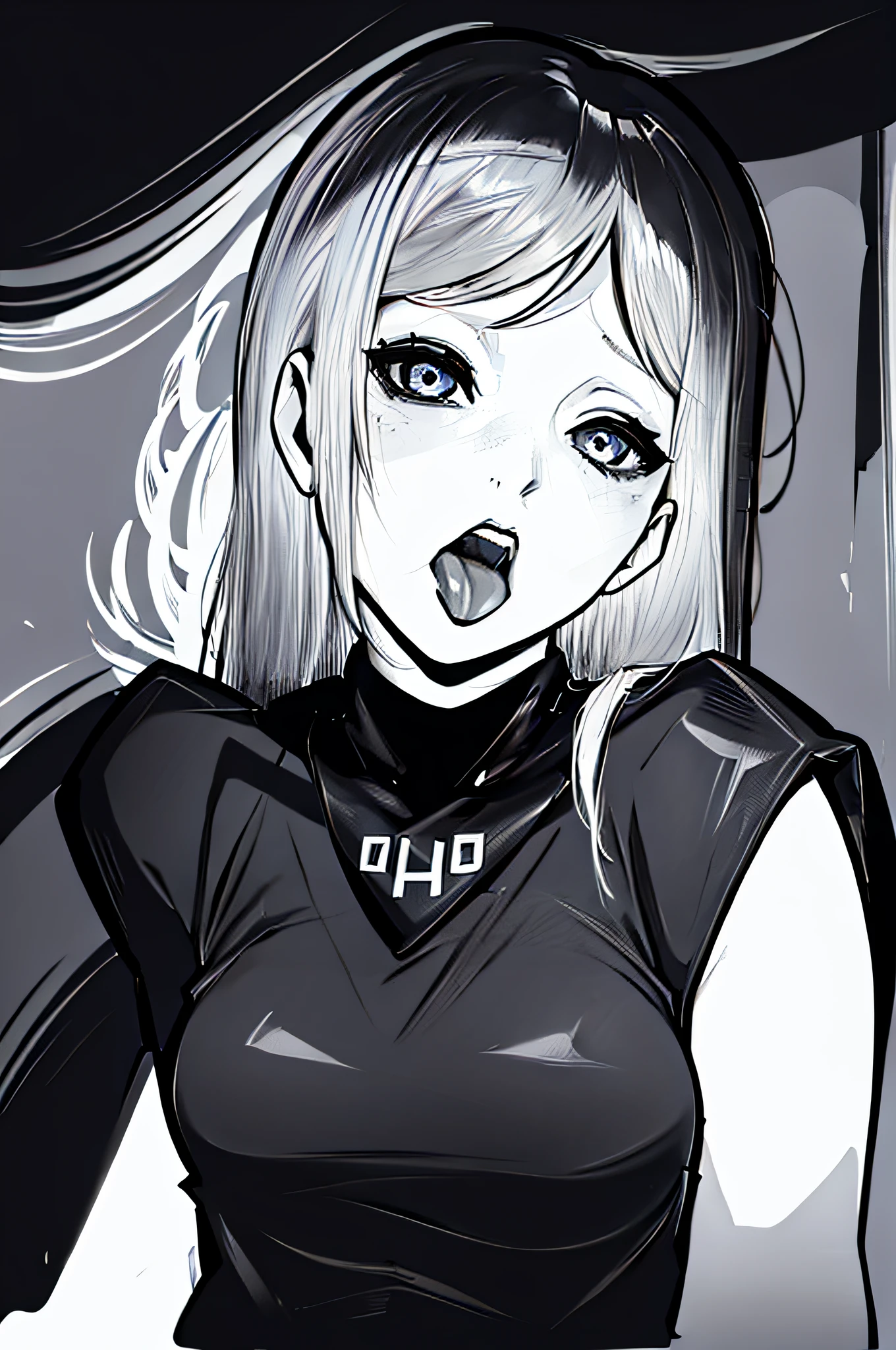 black and white image female character with tongue out
