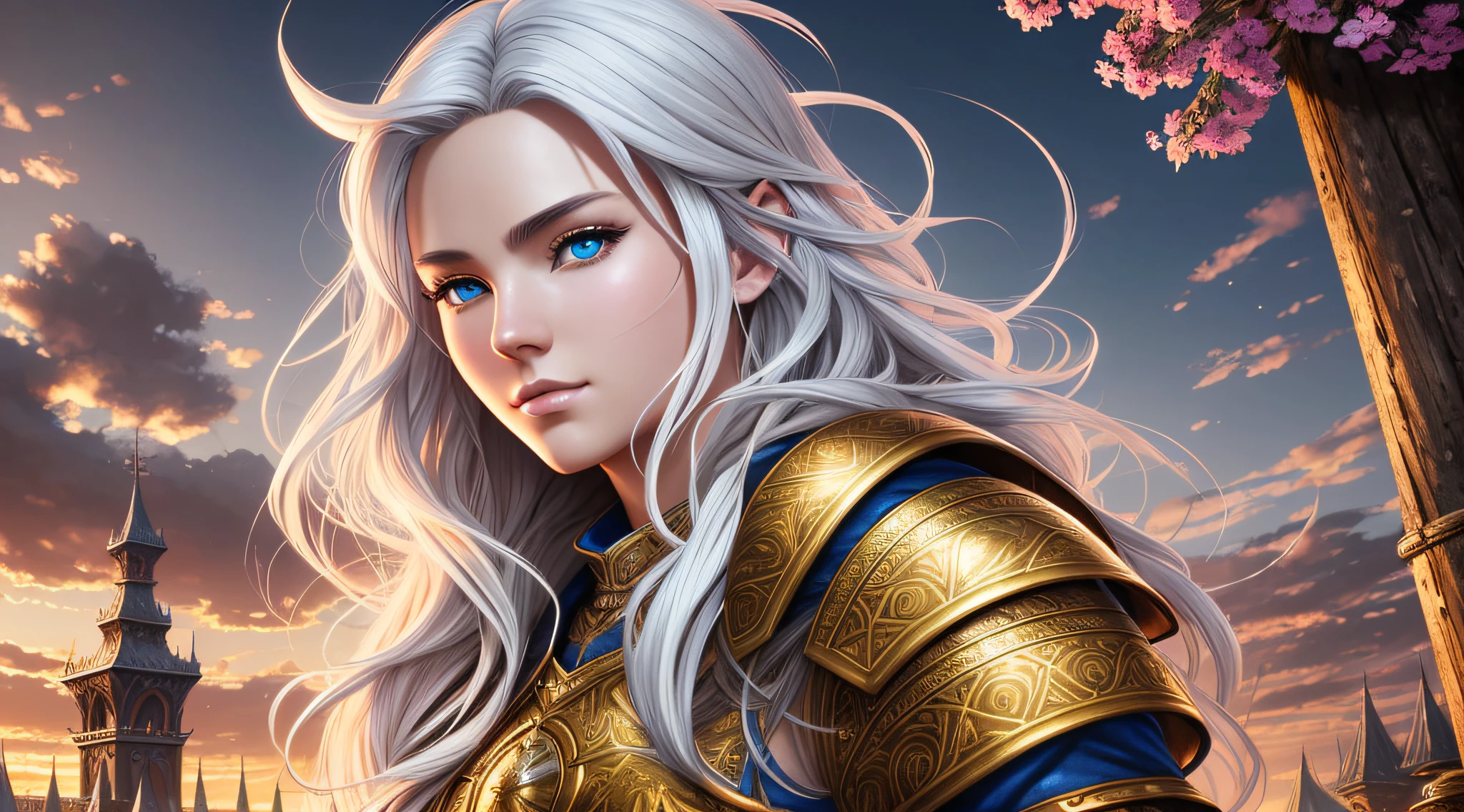 oil painting, fantasy, Werebear male, perfect rugged face with white hair and white fur, and with sad vibrant blue eyes | Warrior in battle stance wearing intricate plate armor #3238, UHD, hd , 8k eyes, detailed face, big anime dreamy eyes, 8k eyes, intricate details, insanely detailed, masterpiece, cinematic lighting, 8k, complementary colors, golden ratio, octane render, volumetric lighting, unreal 5, artwork, concept art, cover, top model, light on hair colorful glamourous hyperdetailed medieval city background, intricate hyperdetailed breathtaking colorful glamorous scenic view landscape, ultra-fine details, hyper-focused, deep colors, dramatic lighting, ambient lighting god rays, flowers, garden | by sakimi chan, artgerm, wlop, pixiv, tumblr, instagram, deviantart --auto --s2