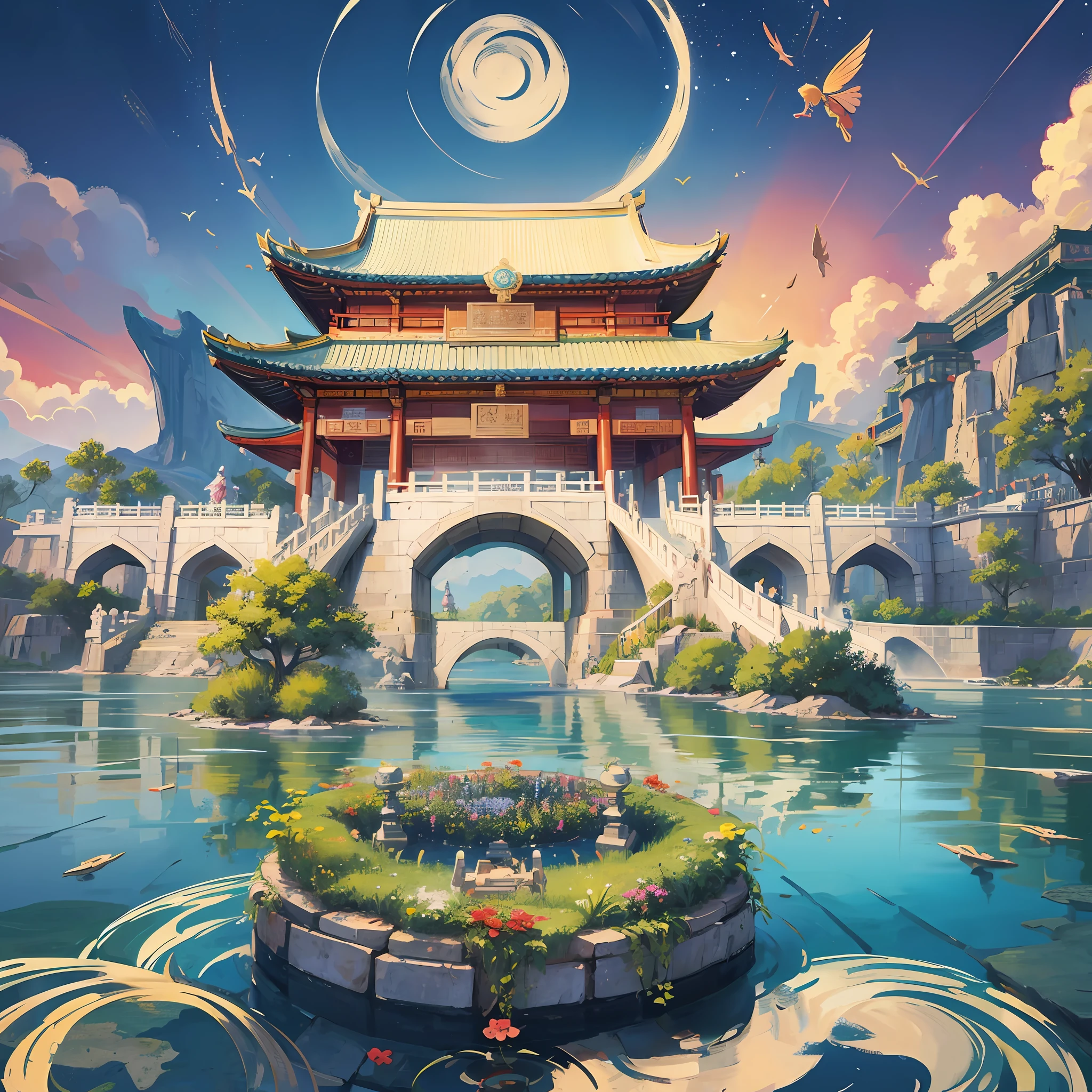 Chinese Eastern mythology, South Heavenly Gate, architecture, white, Gate of Heavenly Court, fairy air fluttering, clouds and mist --auto --s2