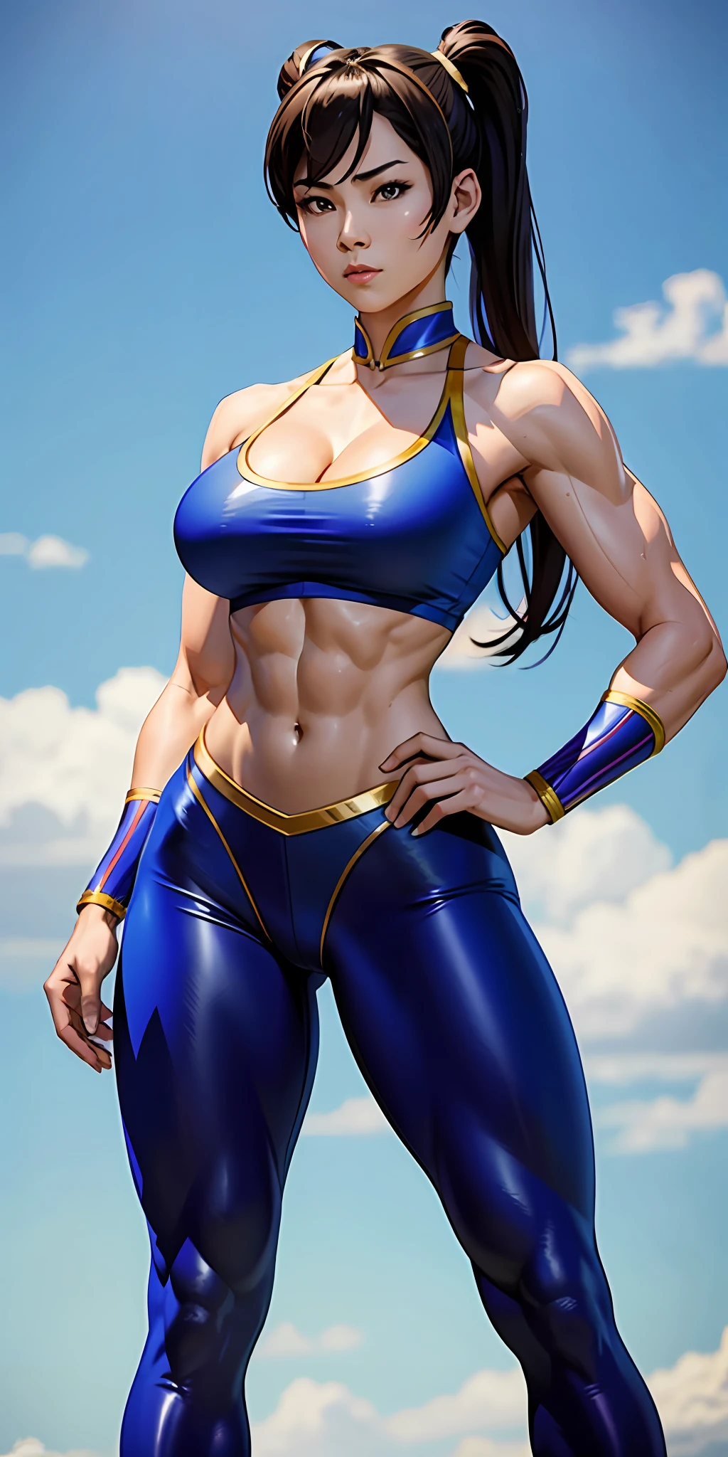 Chun li bodybuilder, beautiful face, serious face, perfect body, fit body, abdomen, large breasts, muscular, full body, legging